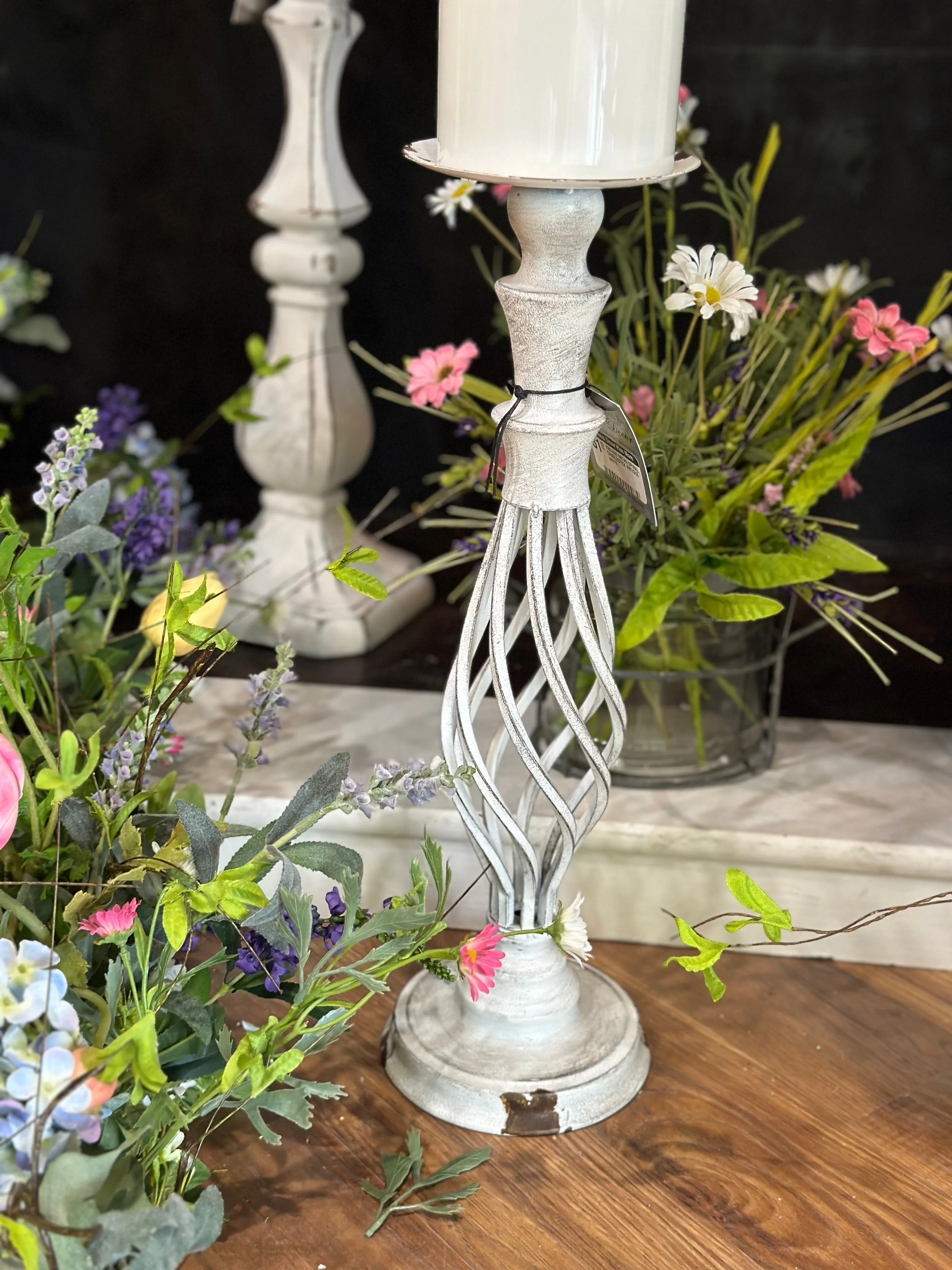 17.5" Vintage Metal Spiral Candlestick Antique White