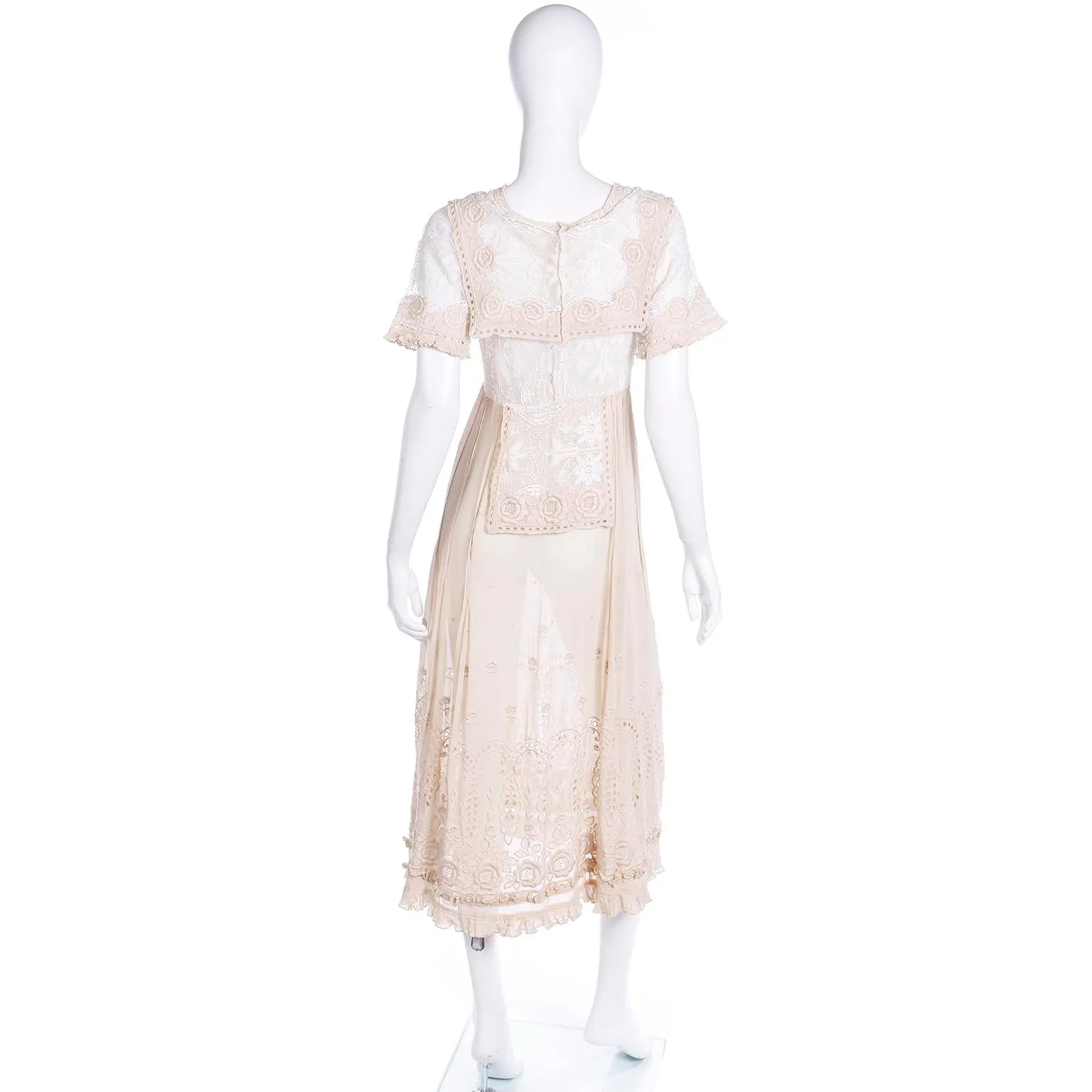 1910s Edwardian Vintage Lace Dress Fine Embroidery Roses