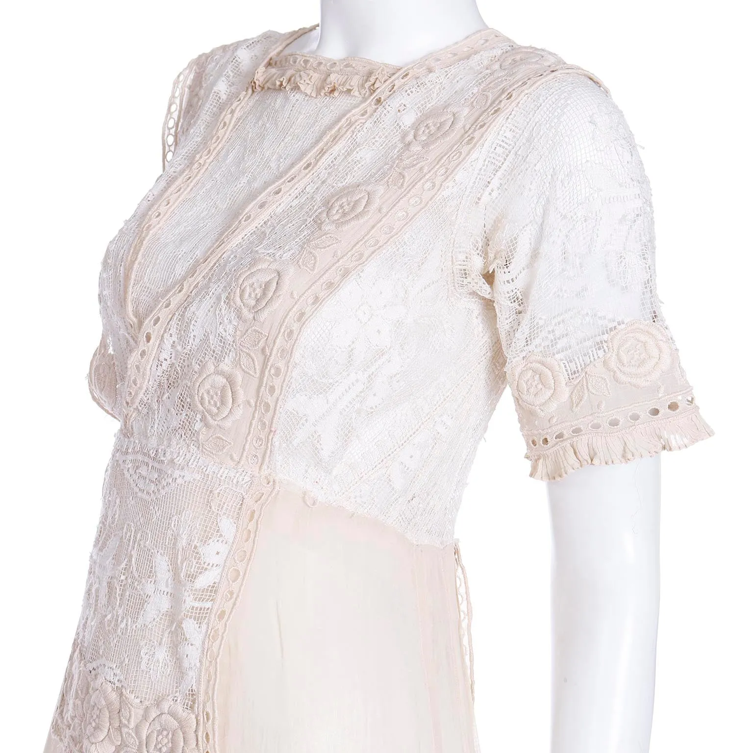 1910s Edwardian Vintage Lace Dress Fine Embroidery Roses