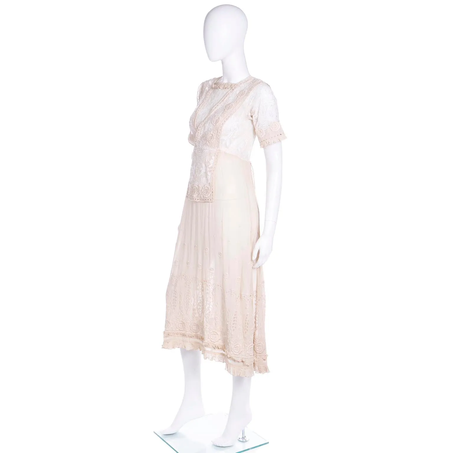 1910s Edwardian Vintage Lace Dress Fine Embroidery Roses