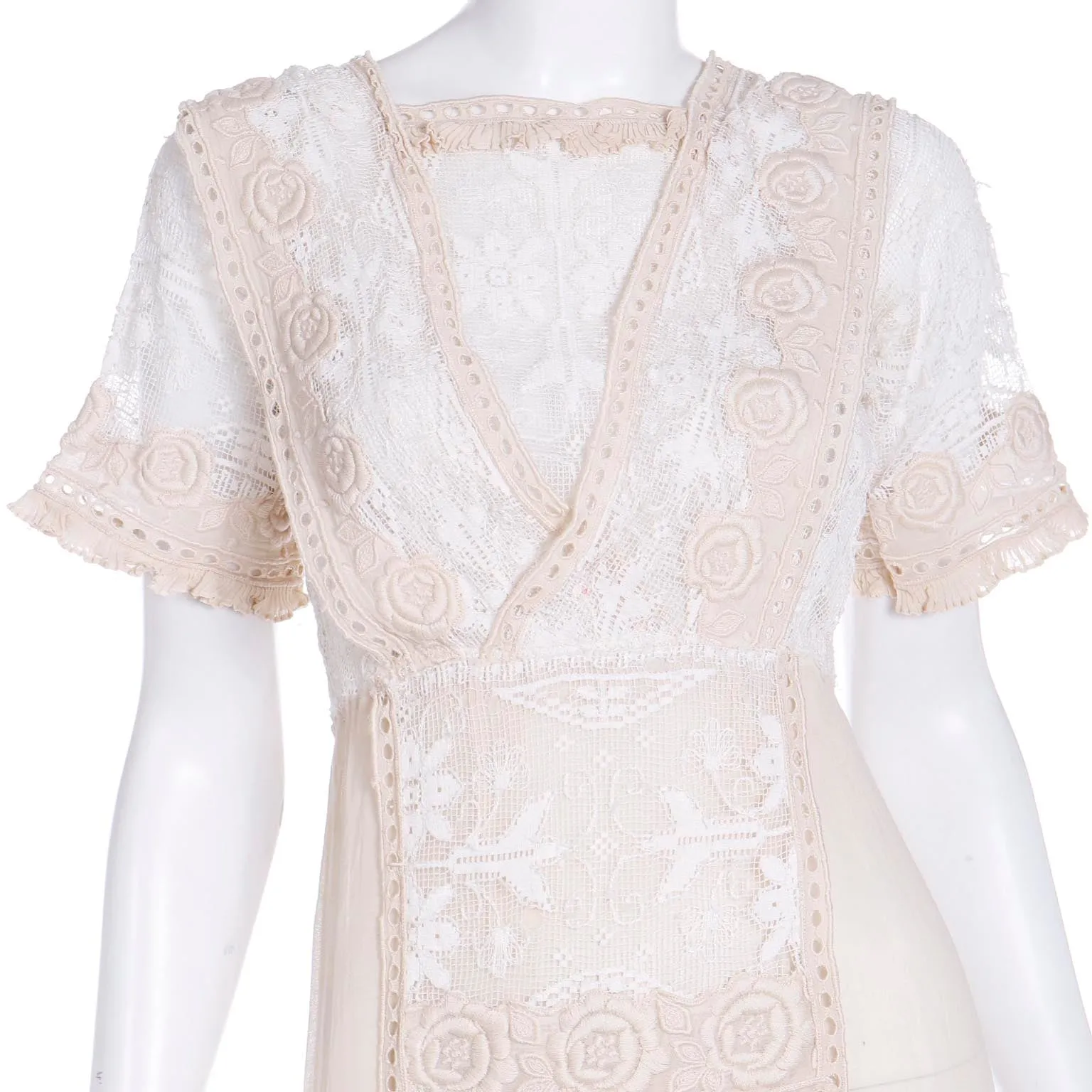 1910s Edwardian Vintage Lace Dress Fine Embroidery Roses