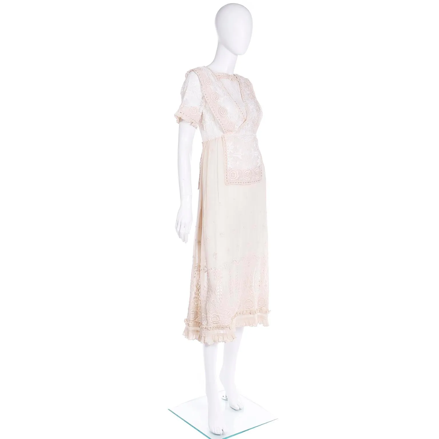 1910s Edwardian Vintage Lace Dress Fine Embroidery Roses