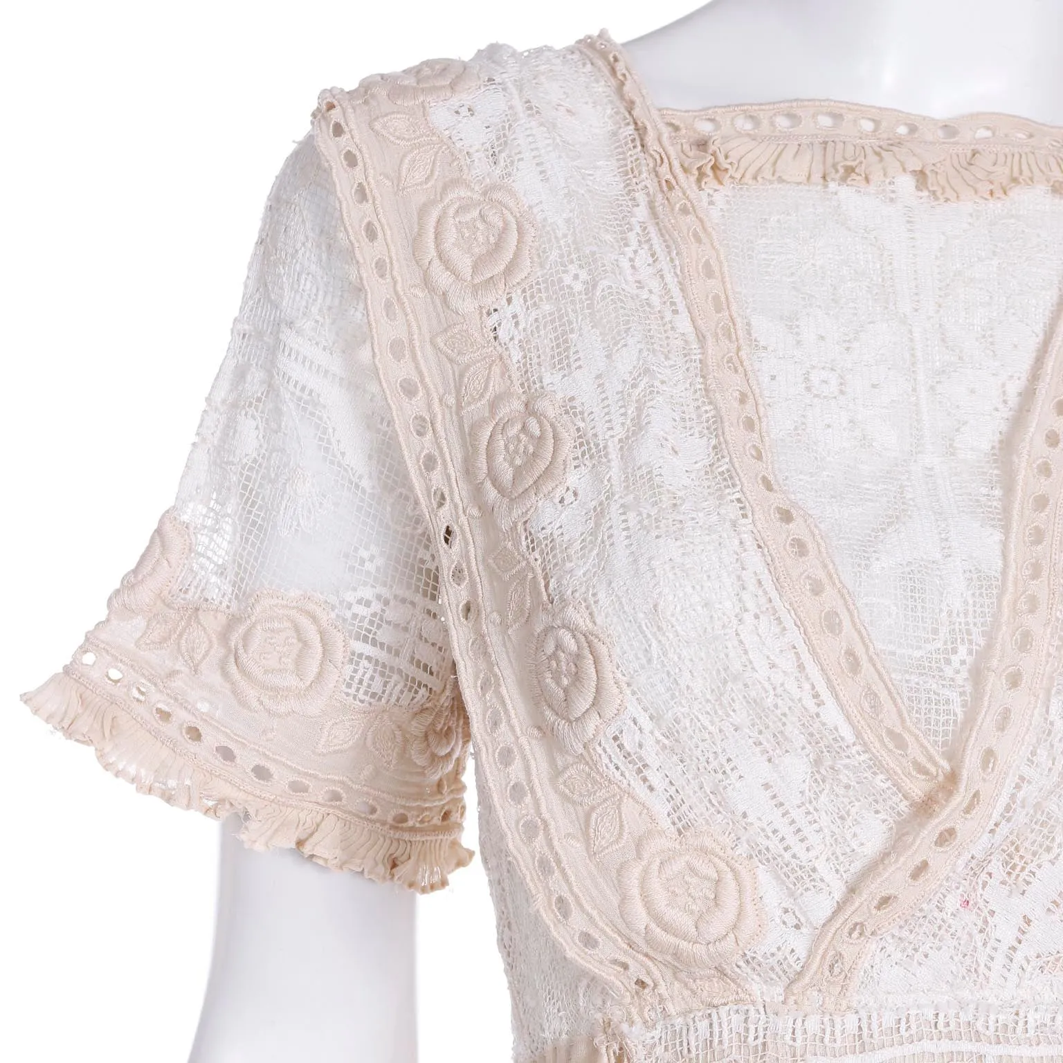 1910s Edwardian Vintage Lace Dress Fine Embroidery Roses
