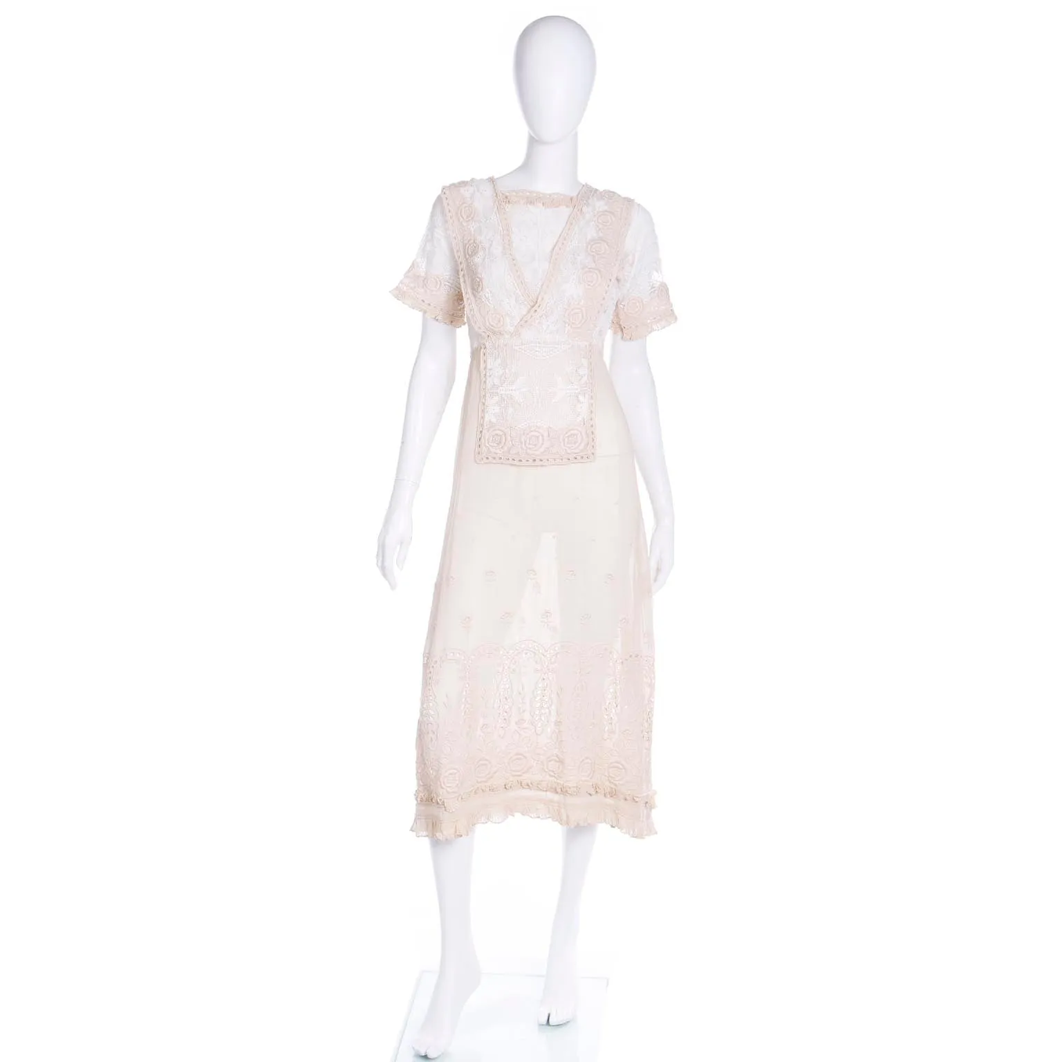 1910s Edwardian Vintage Lace Dress Fine Embroidery Roses