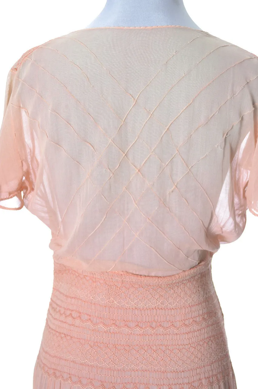 1920s Pink Vintage Dress in Cotton Voile w Floral Embroidery
