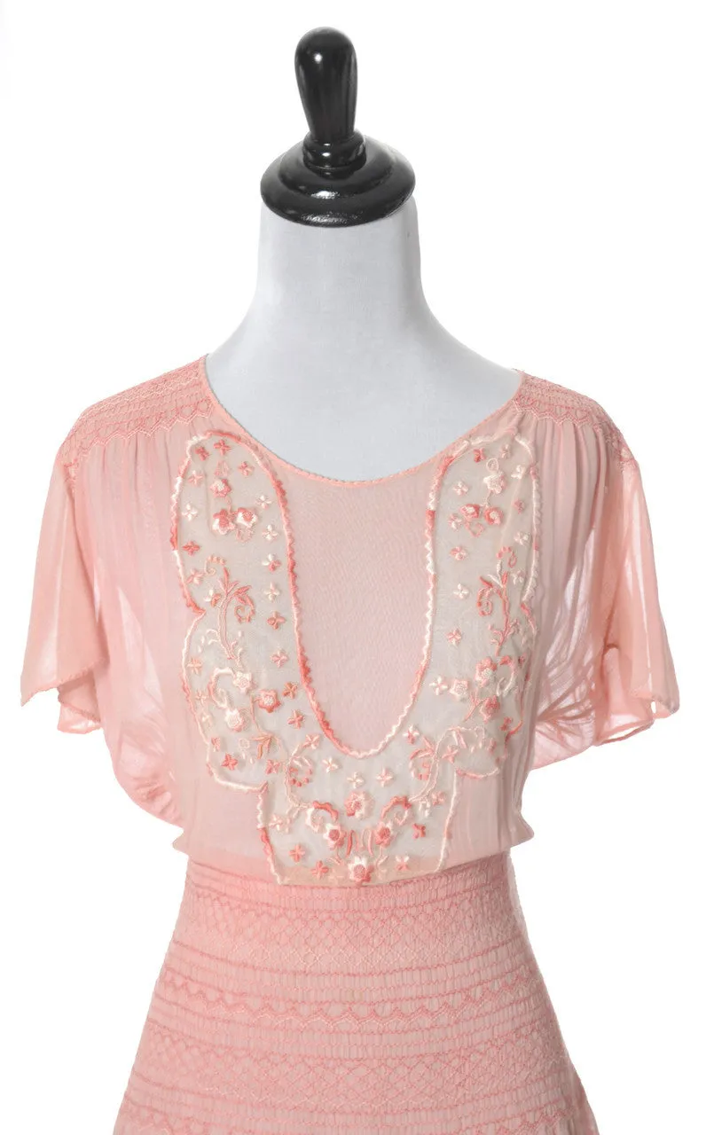 1920s Pink Vintage Dress in Cotton Voile w Floral Embroidery