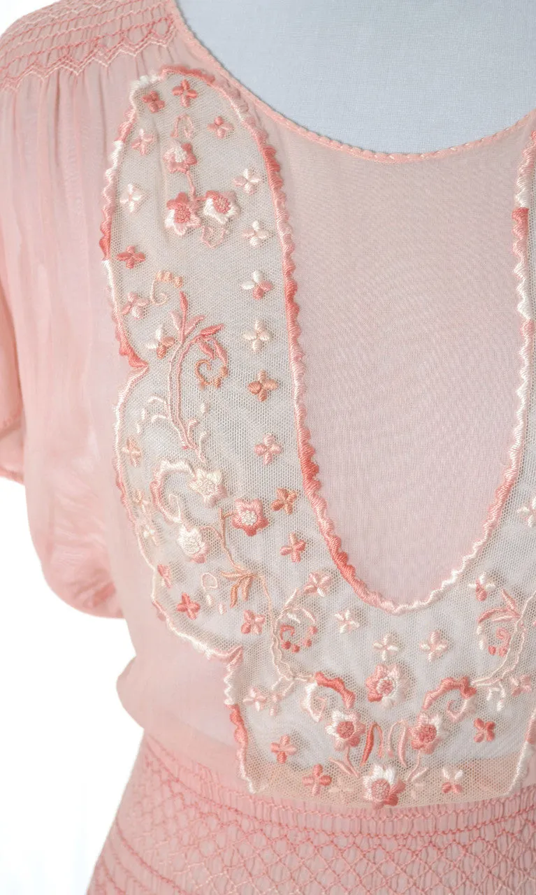1920s Pink Vintage Dress in Cotton Voile w Floral Embroidery