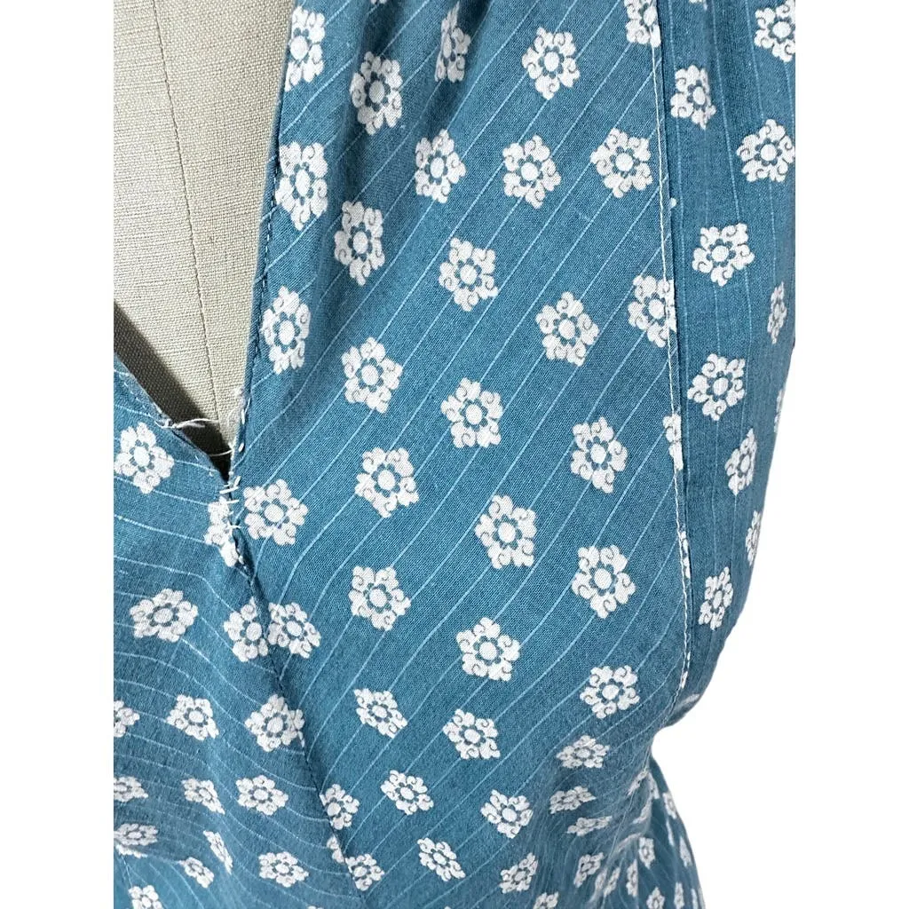 1930s 1940s WW2 VTG Blue Cotton House Dress V Neck White Flowers Sz M