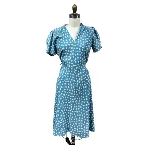 1930s 1940s WW2 VTG Blue Cotton House Dress V Neck White Flowers Sz M