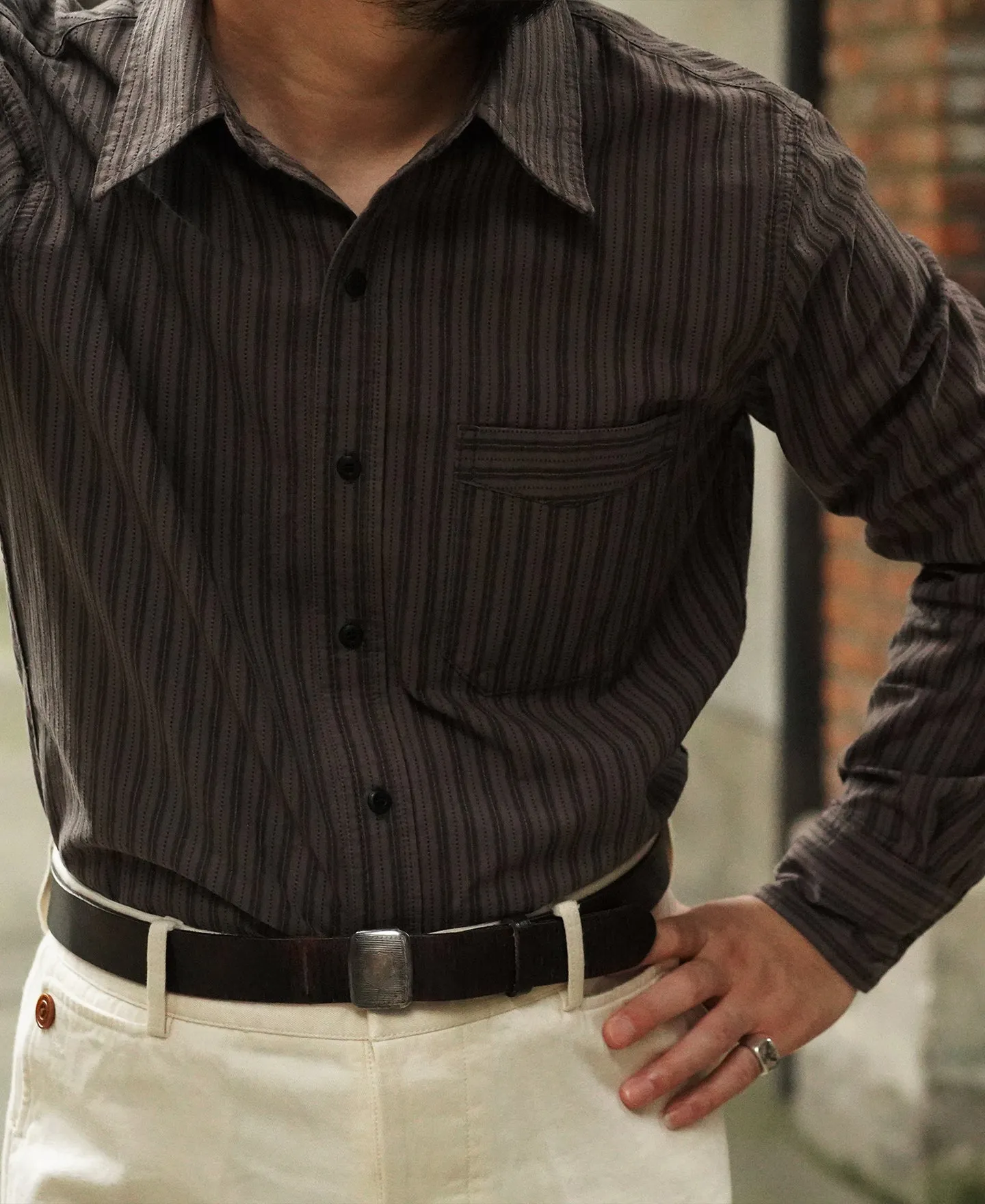 1930s 6 oz Yarn-Dyed Dobby Taupe Brown Striped Work Shirt