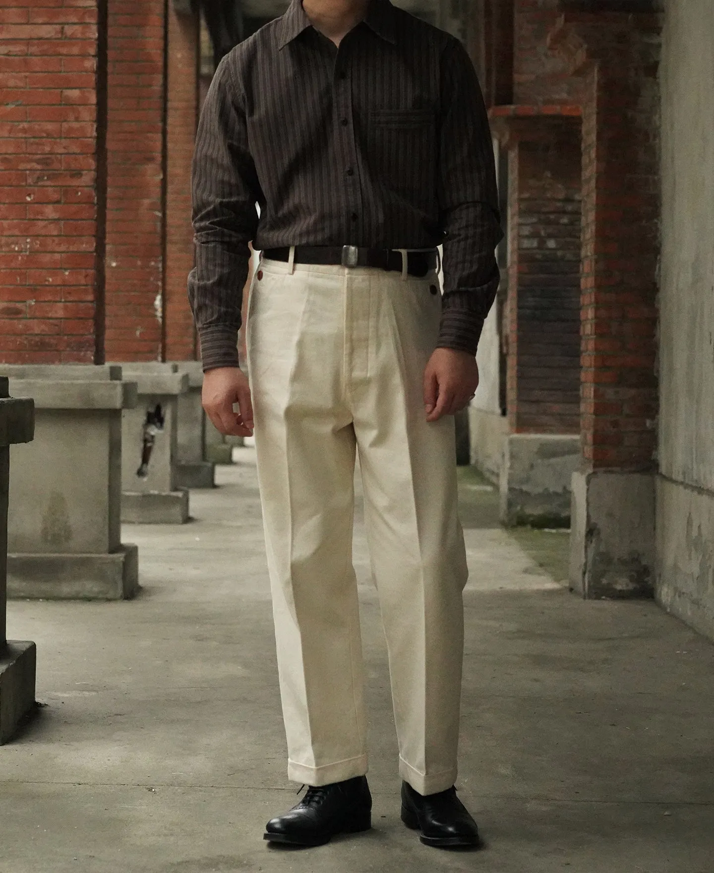 1930s 6 oz Yarn-Dyed Dobby Taupe Brown Striped Work Shirt