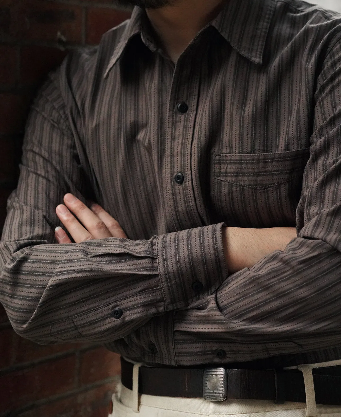 1930s 6 oz Yarn-Dyed Dobby Taupe Brown Striped Work Shirt