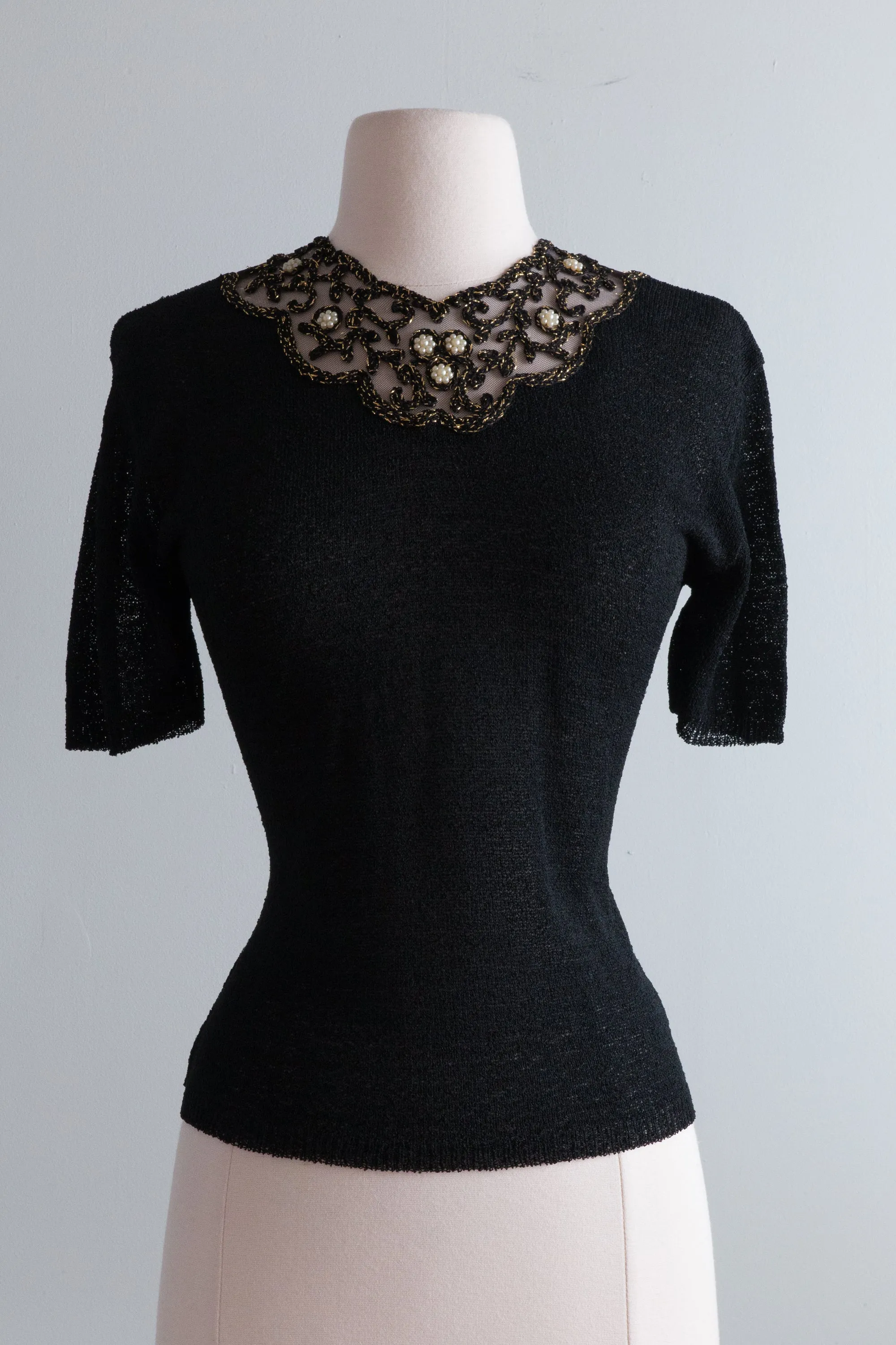 1940's Black Rayon Knit Top With Beaded Neckline / Medium