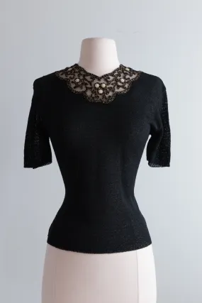 1940's Black Rayon Knit Top With Beaded Neckline / Medium