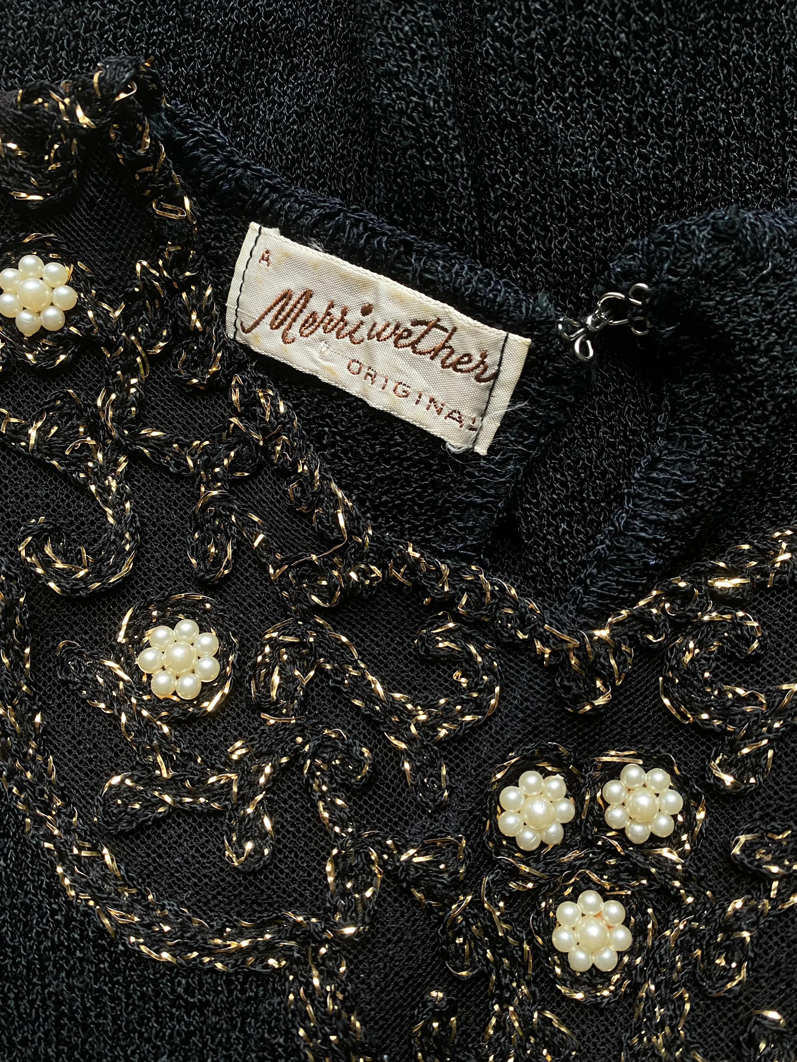 1940's Black Rayon Knit Top With Beaded Neckline / Medium