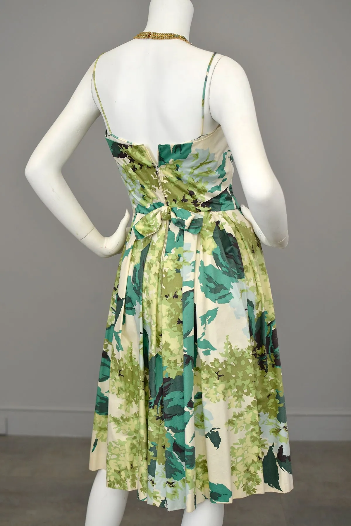 1950s 60s Water Color Hydrangea Floral Print Party Dress with Draped Bodice