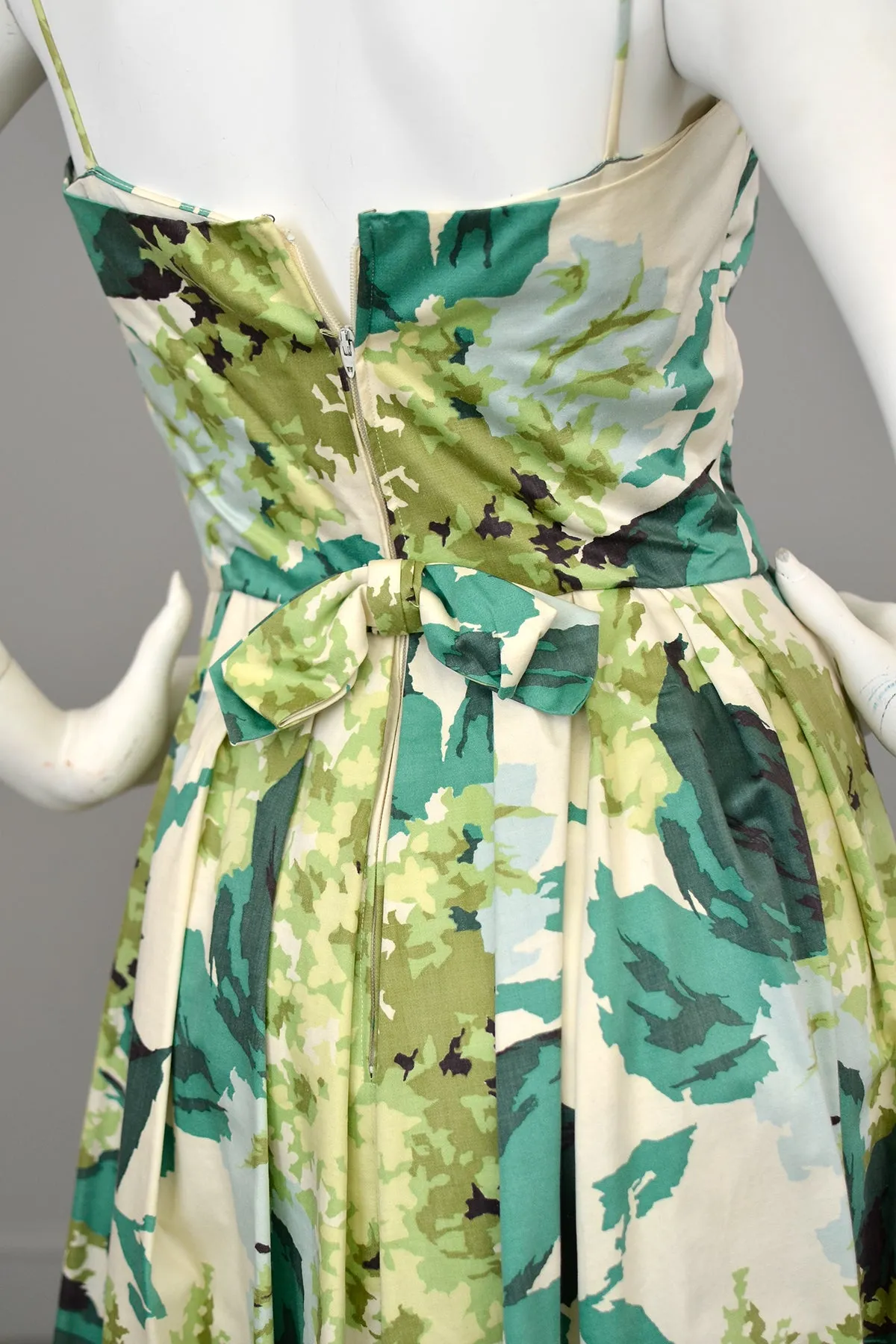 1950s 60s Water Color Hydrangea Floral Print Party Dress with Draped Bodice