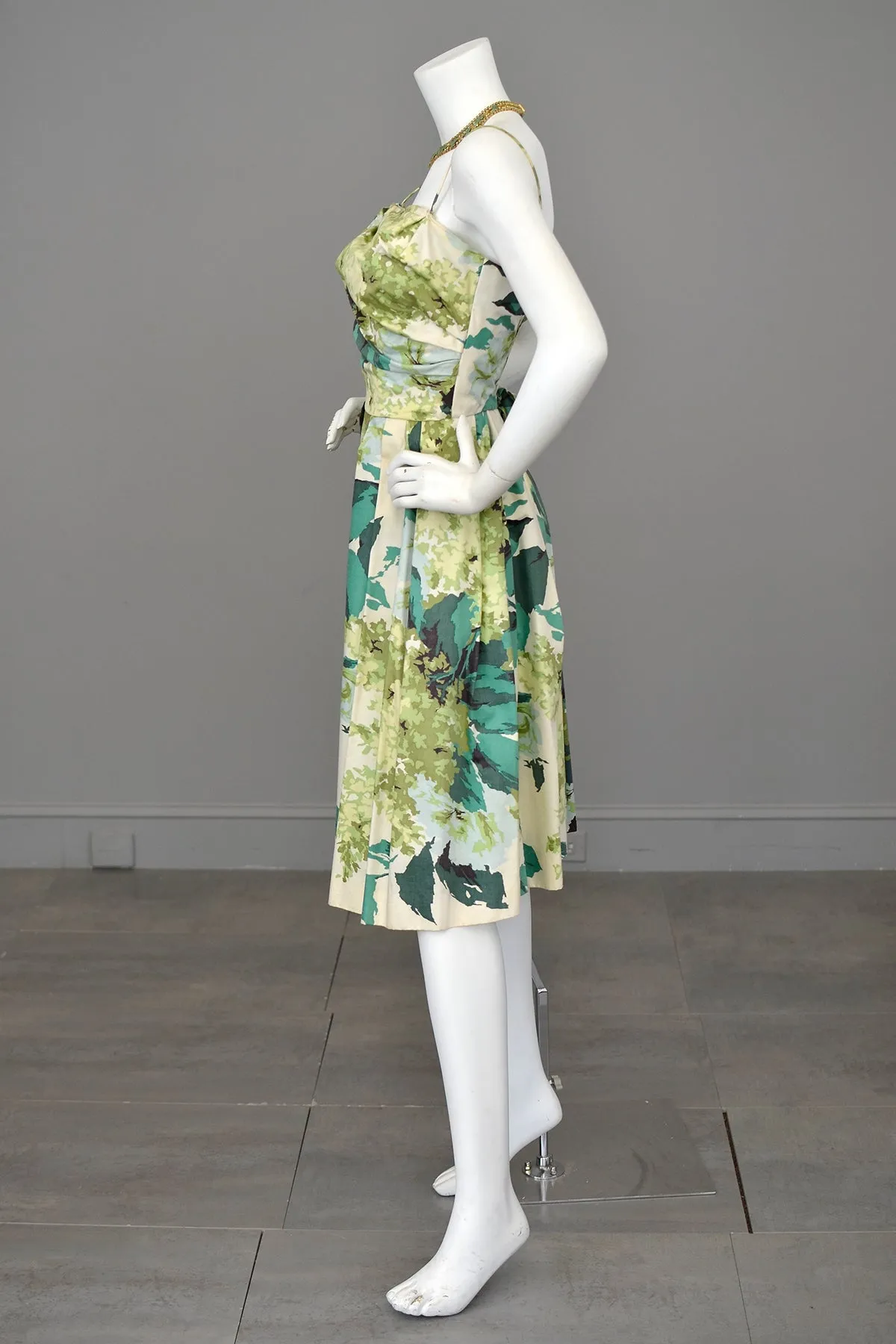 1950s 60s Water Color Hydrangea Floral Print Party Dress with Draped Bodice