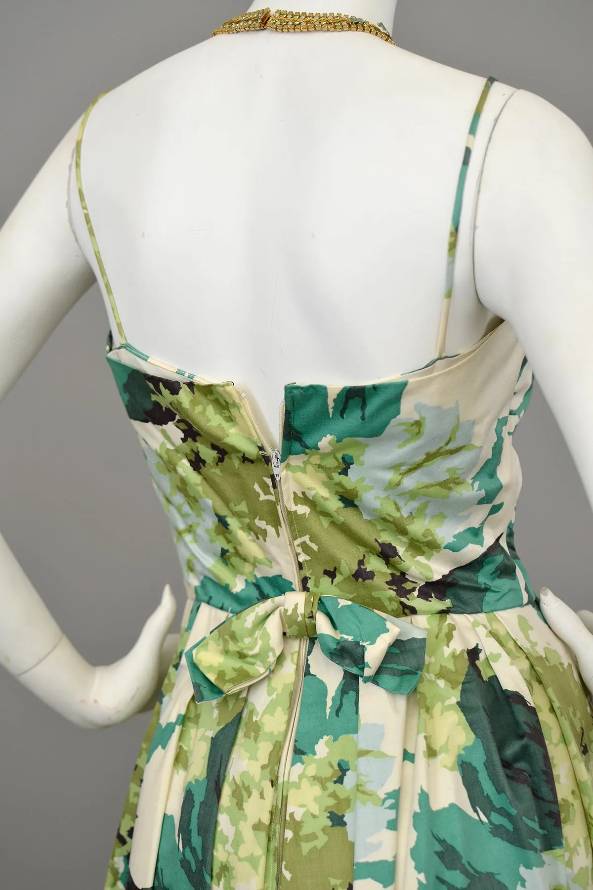 1950s 60s Water Color Hydrangea Floral Print Party Dress with Draped Bodice