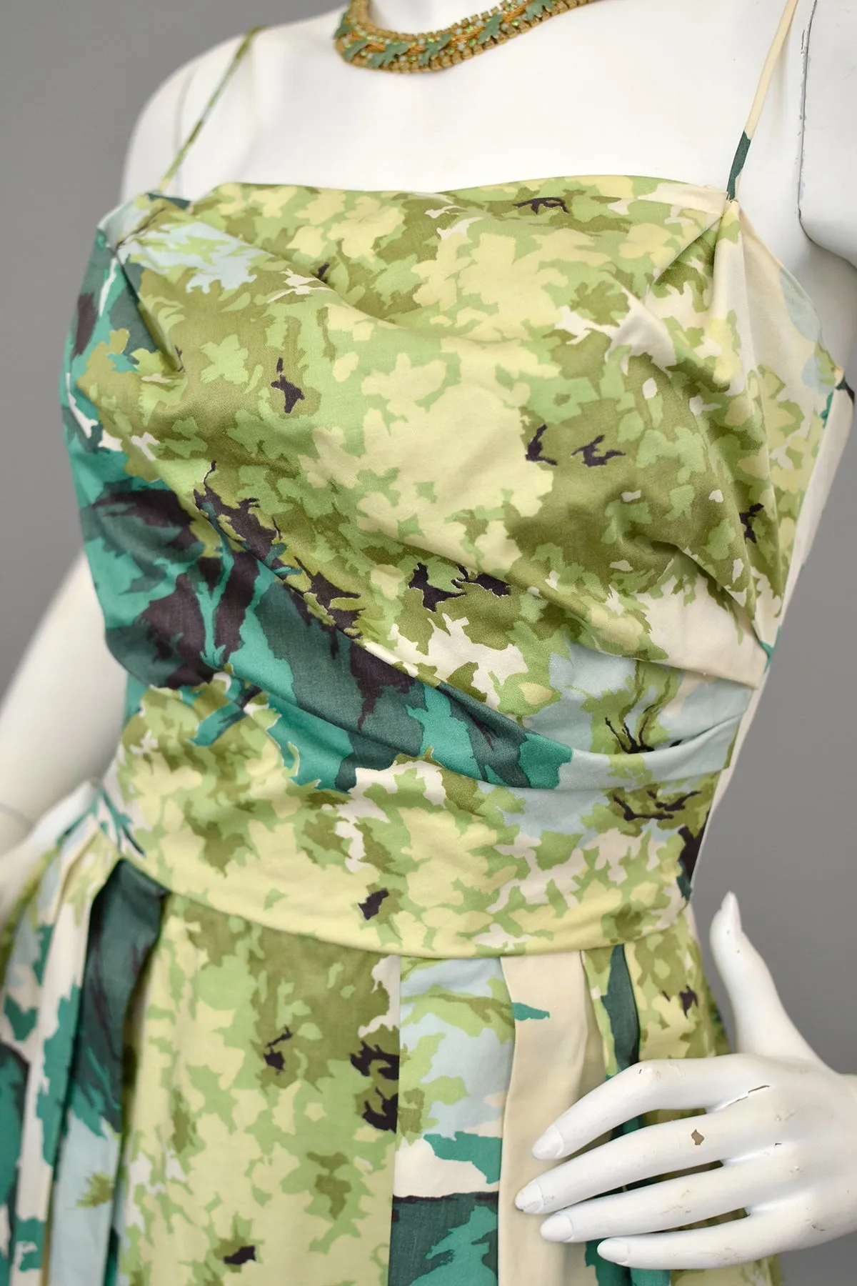 1950s 60s Water Color Hydrangea Floral Print Party Dress with Draped Bodice