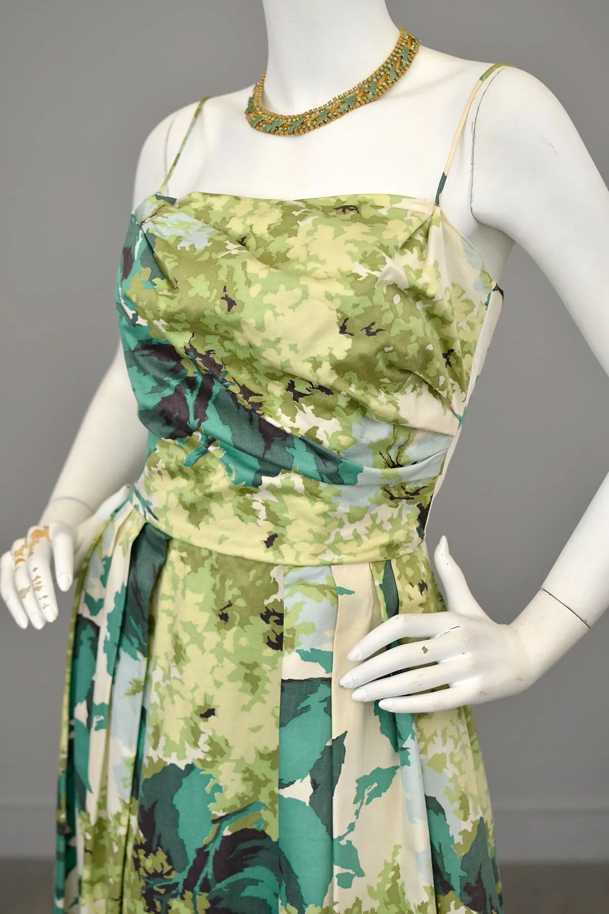 1950s 60s Water Color Hydrangea Floral Print Party Dress with Draped Bodice
