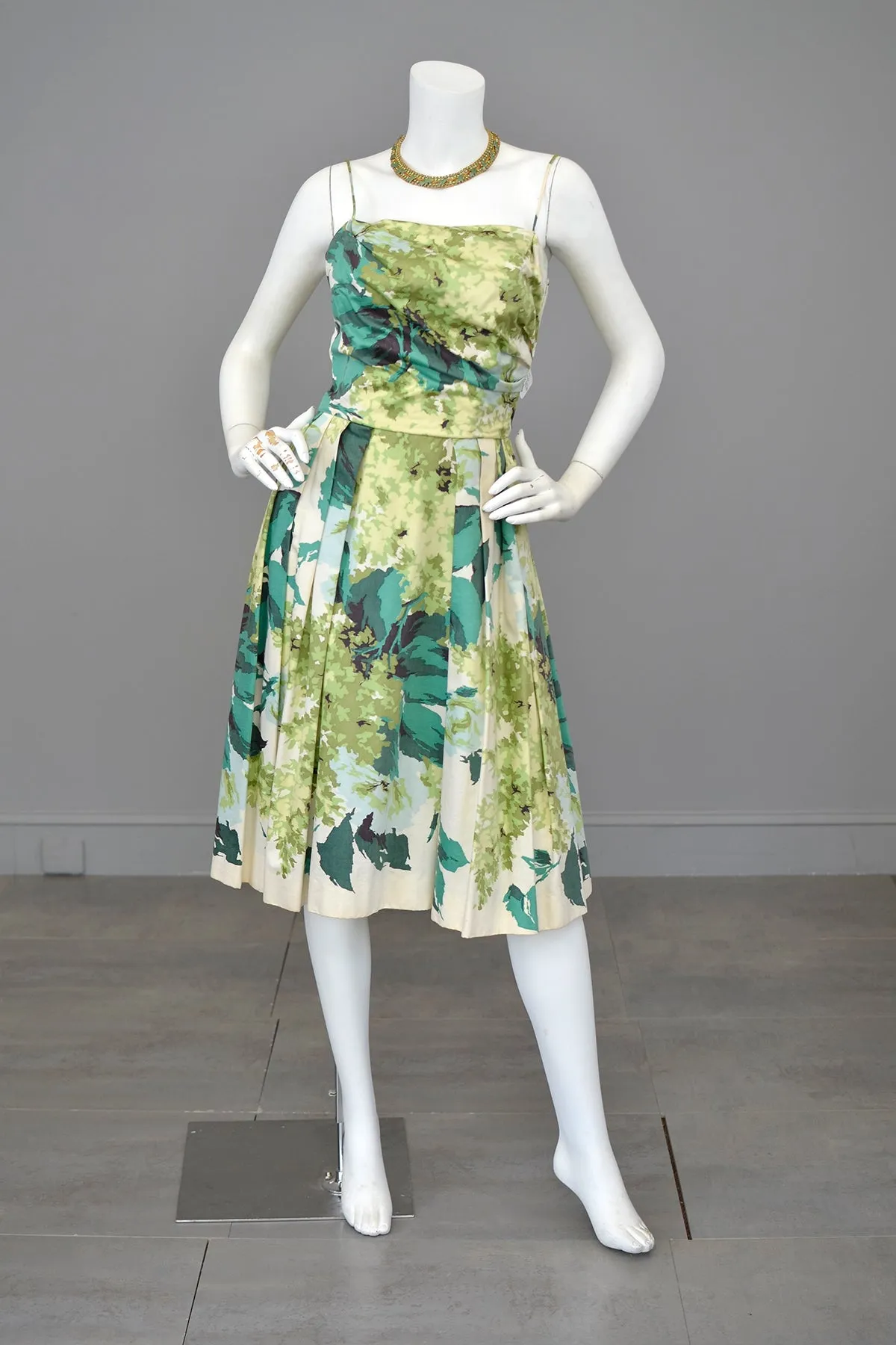 1950s 60s Water Color Hydrangea Floral Print Party Dress with Draped Bodice