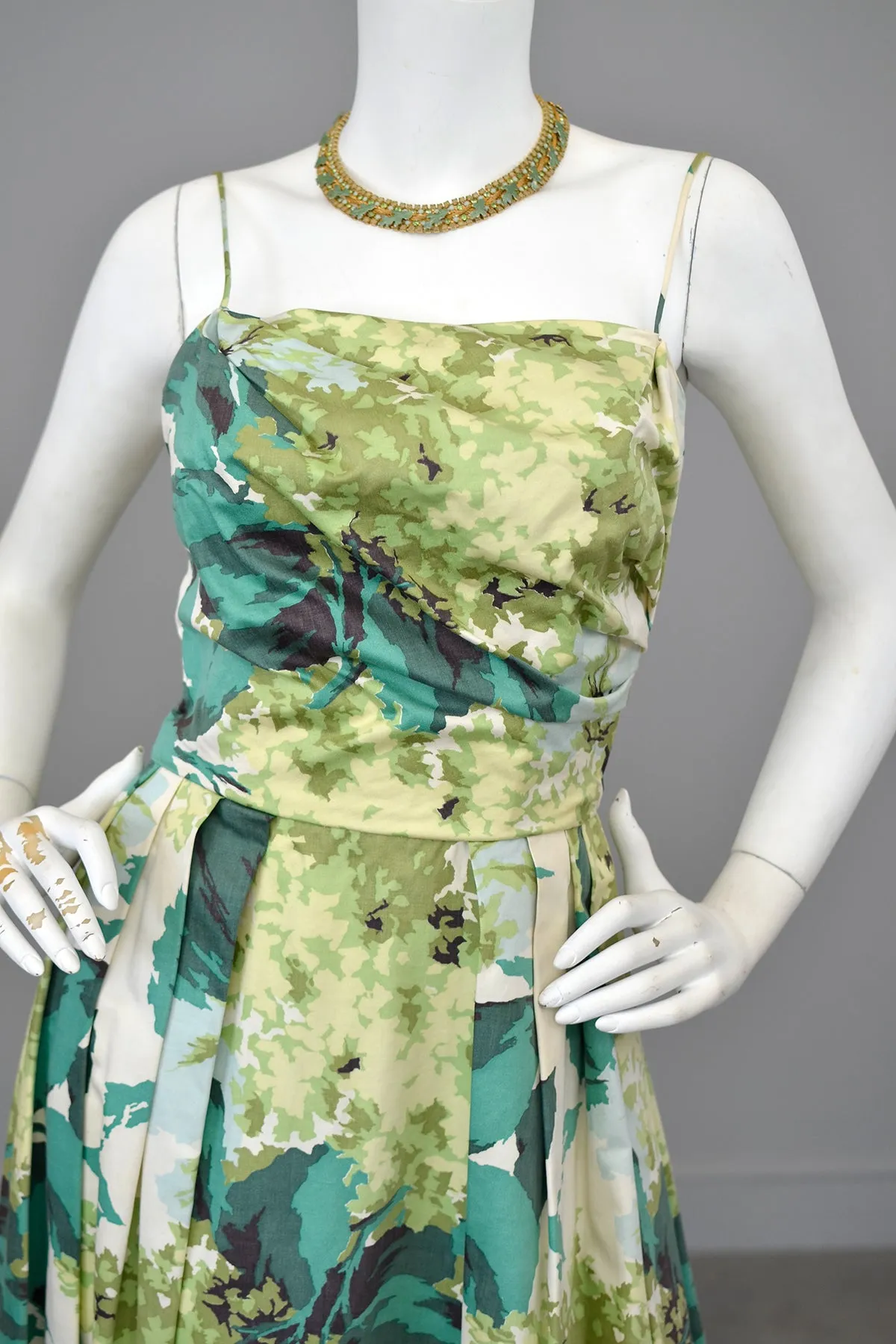 1950s 60s Water Color Hydrangea Floral Print Party Dress with Draped Bodice