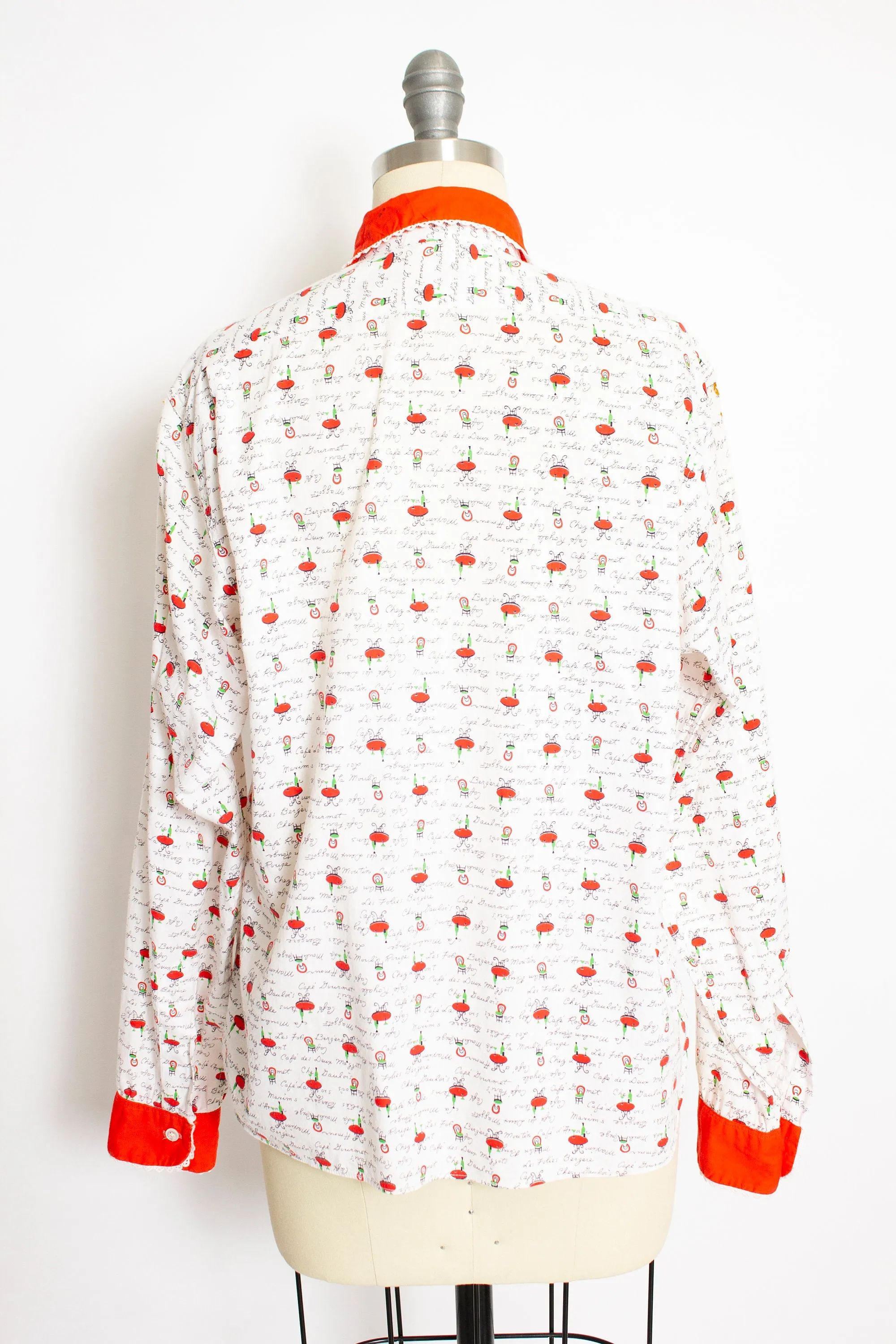 1950s Shirt Novelty Print French Cafe Button Up Blouse M