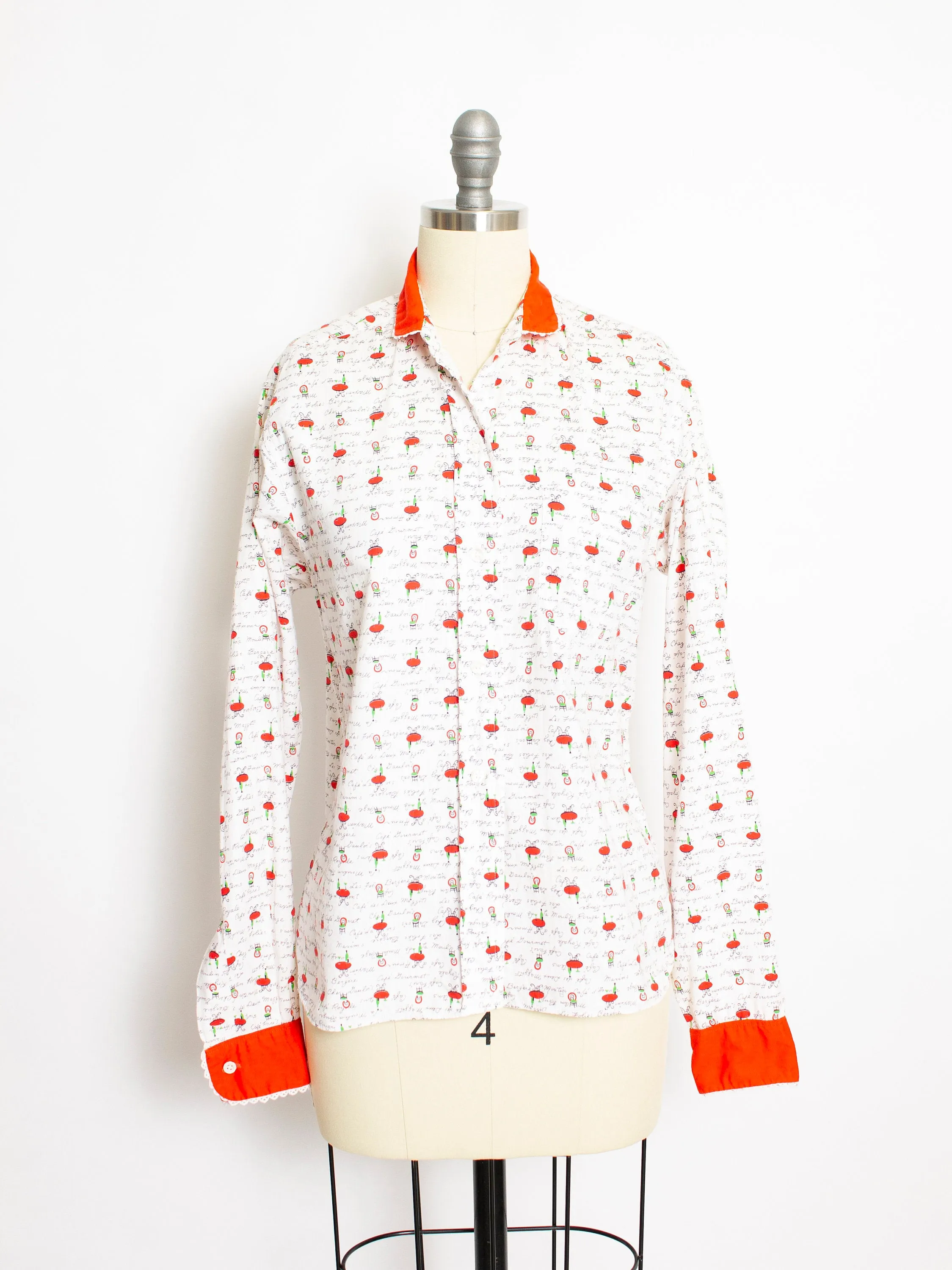 1950s Shirt Novelty Print French Cafe Button Up Blouse M
