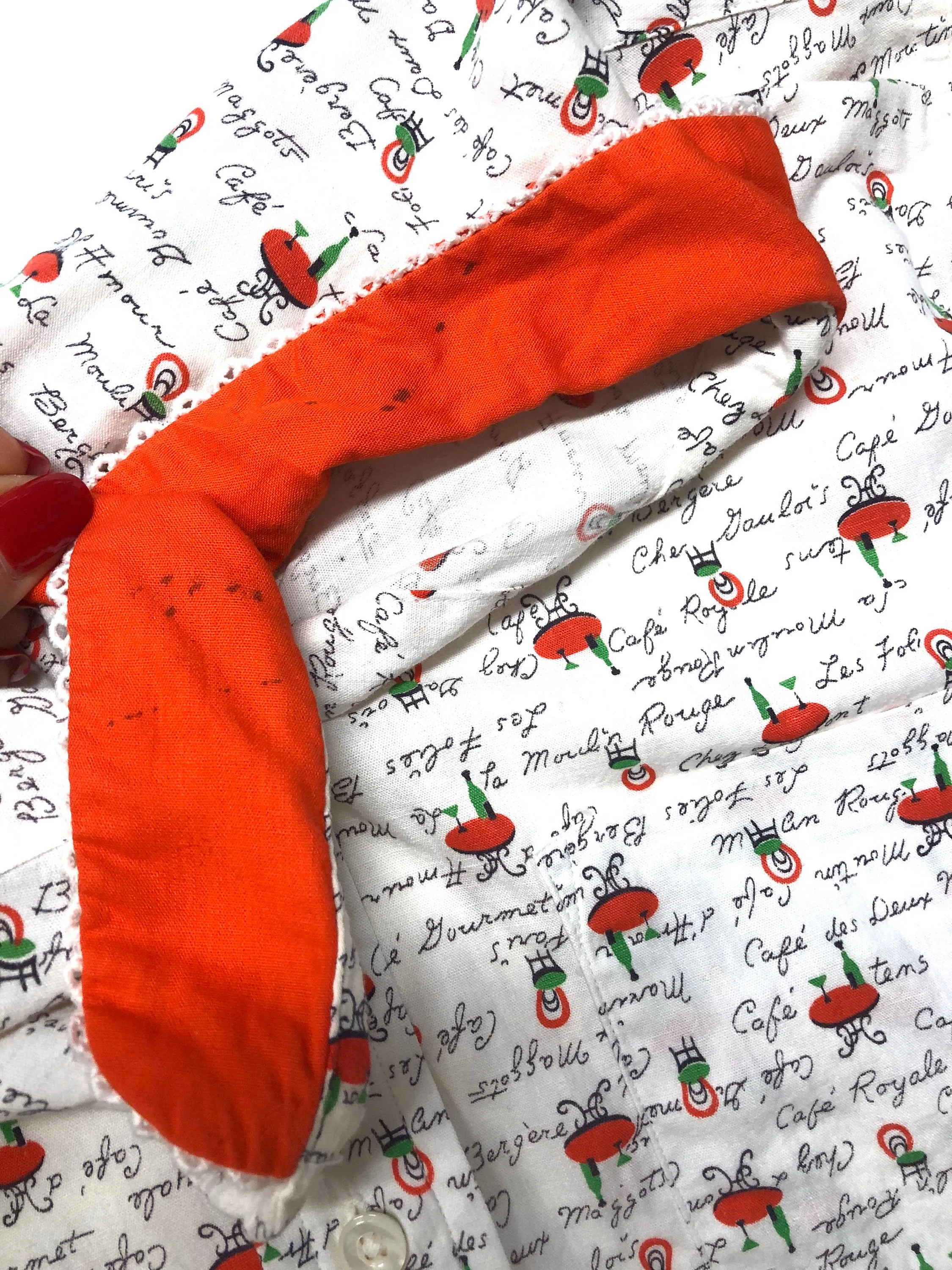 1950s Shirt Novelty Print French Cafe Button Up Blouse M
