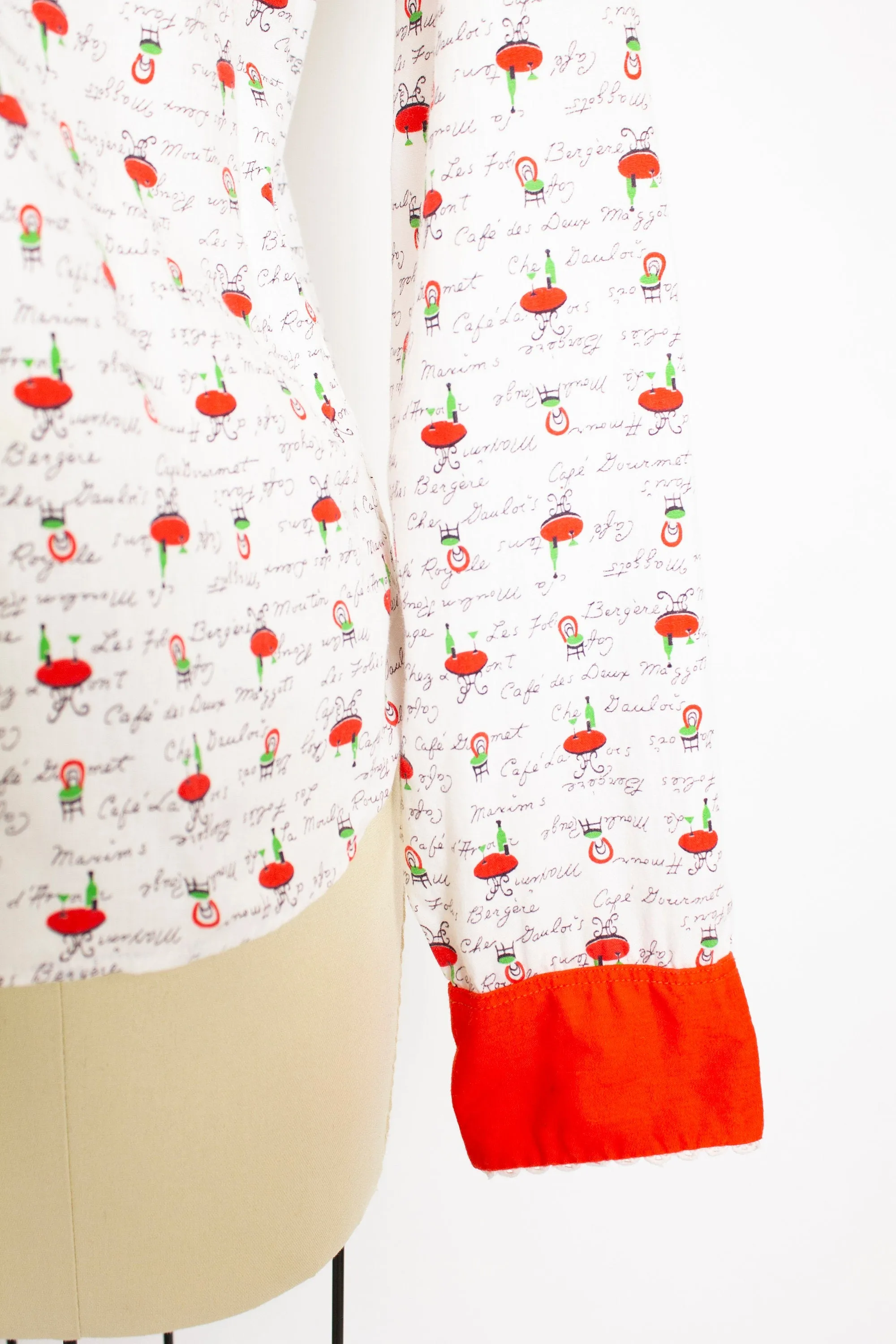 1950s Shirt Novelty Print French Cafe Button Up Blouse M