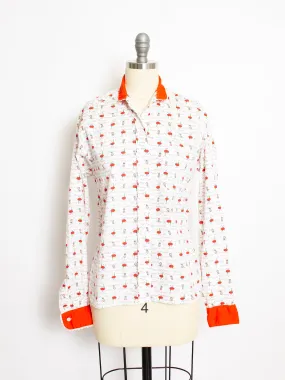 1950s Shirt Novelty Print French Cafe Button Up Blouse M