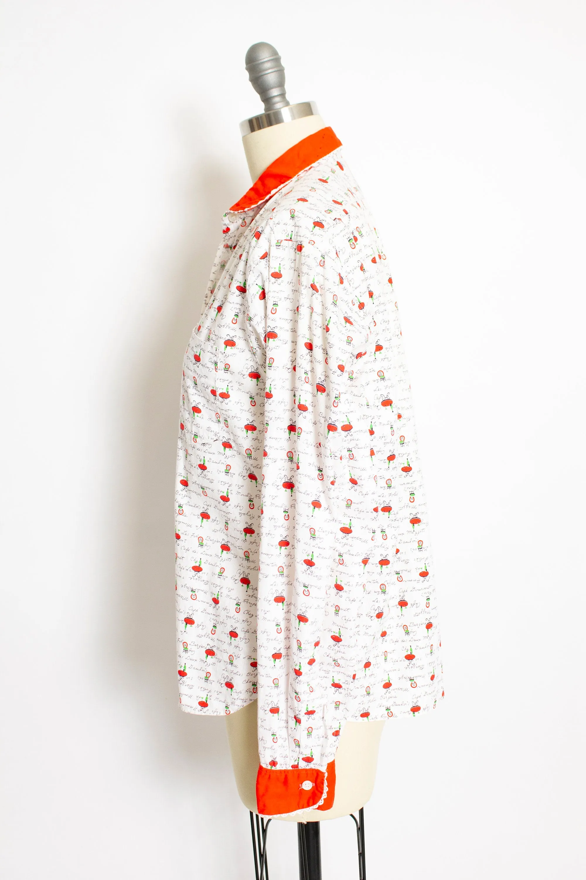 1950s Shirt Novelty Print French Cafe Button Up Blouse M