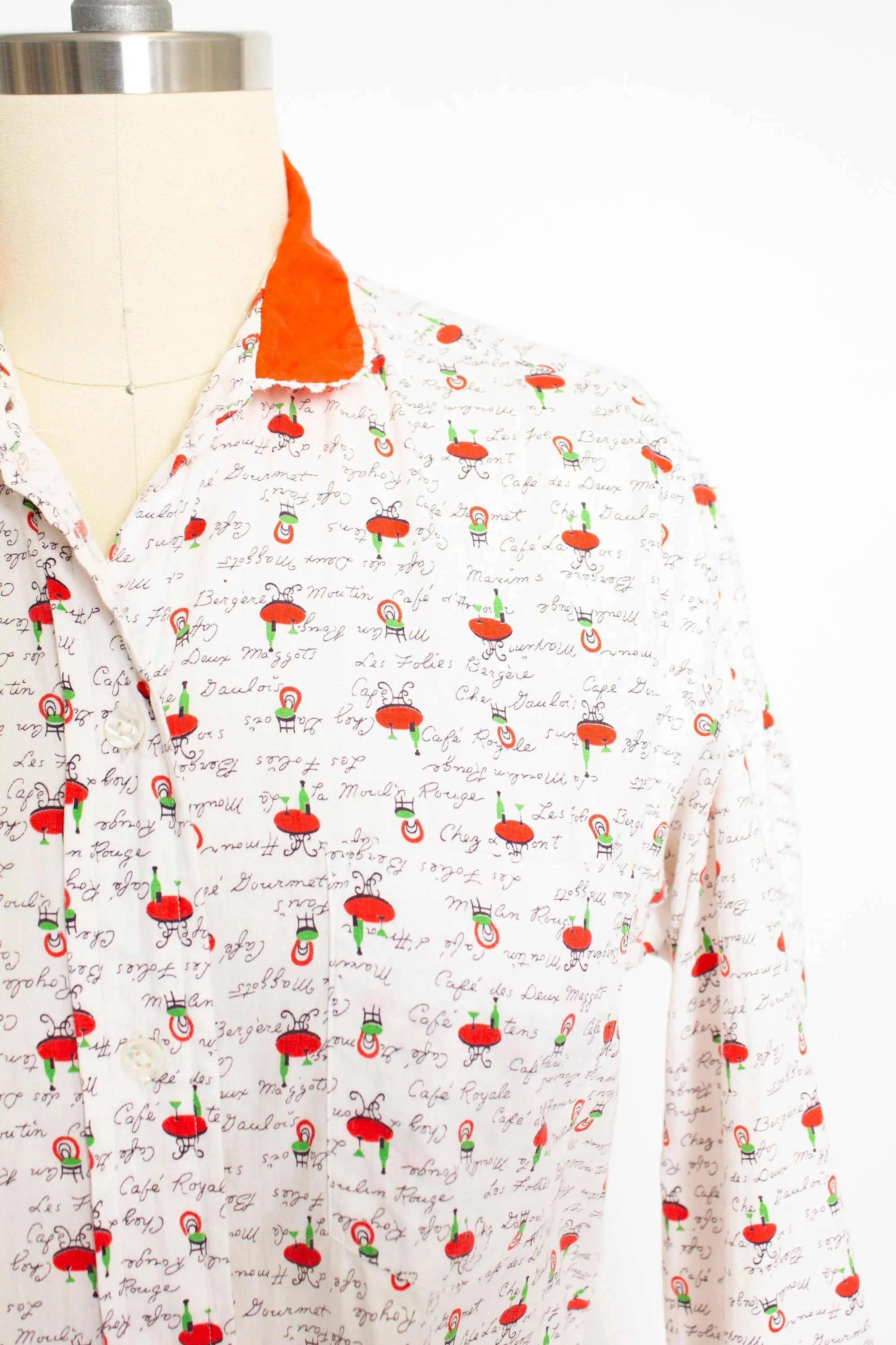 1950s Shirt Novelty Print French Cafe Button Up Blouse M