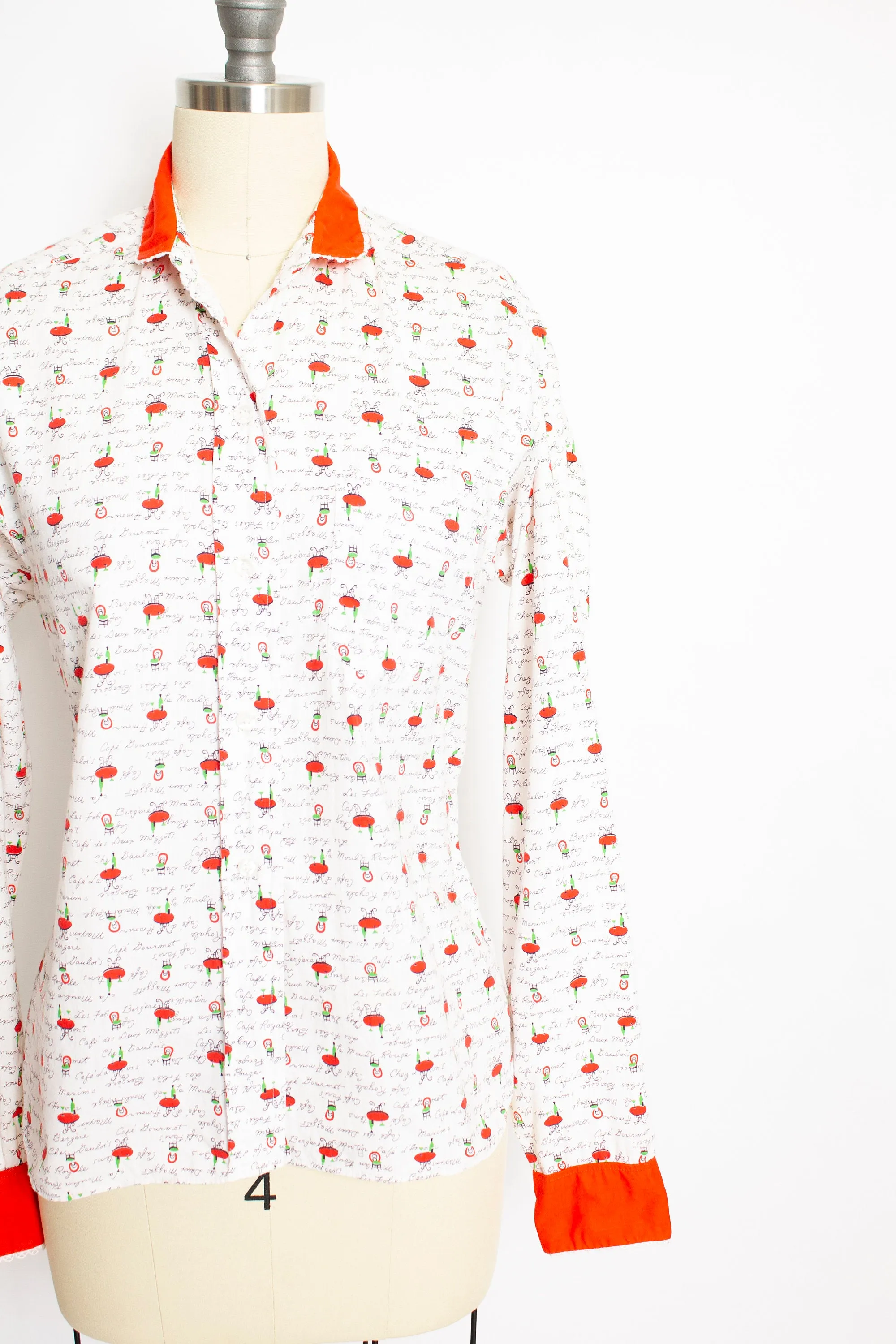 1950s Shirt Novelty Print French Cafe Button Up Blouse M