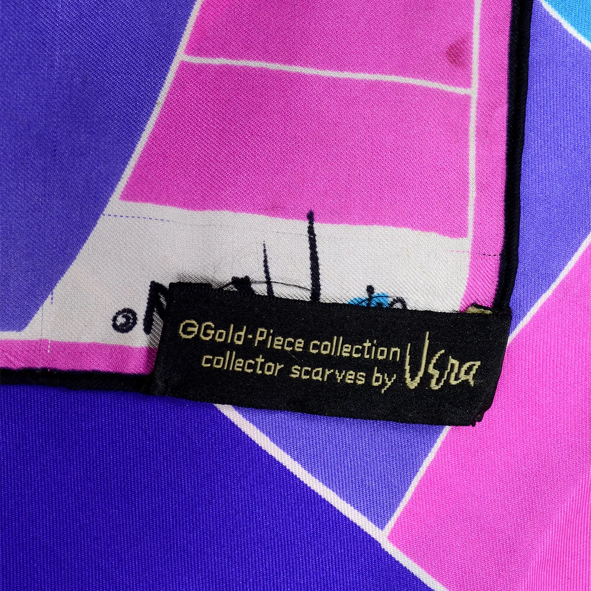 1960s Gold-Piece Collection Vera Neumann Pink, Purple & Teal Geometric Striped Scarf