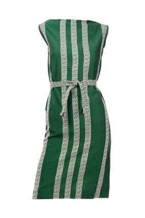 1960s Green Bambaki Cotton Greek Key Design Sleeveless Dress