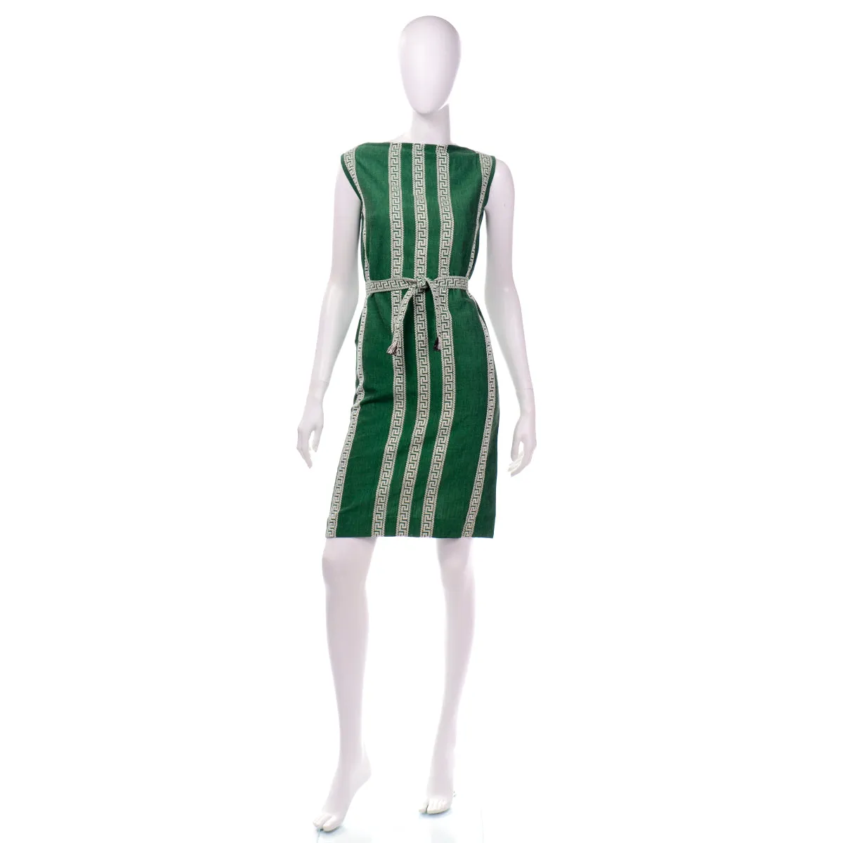1960s Green Bambaki Cotton Greek Key Design Sleeveless Dress