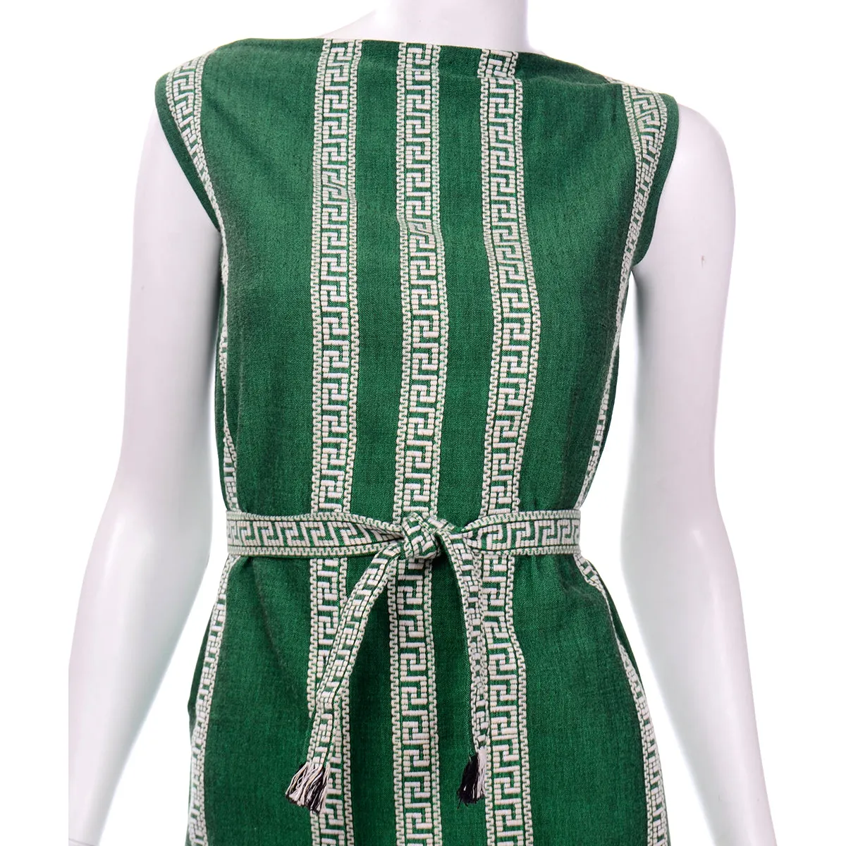 1960s Green Bambaki Cotton Greek Key Design Sleeveless Dress