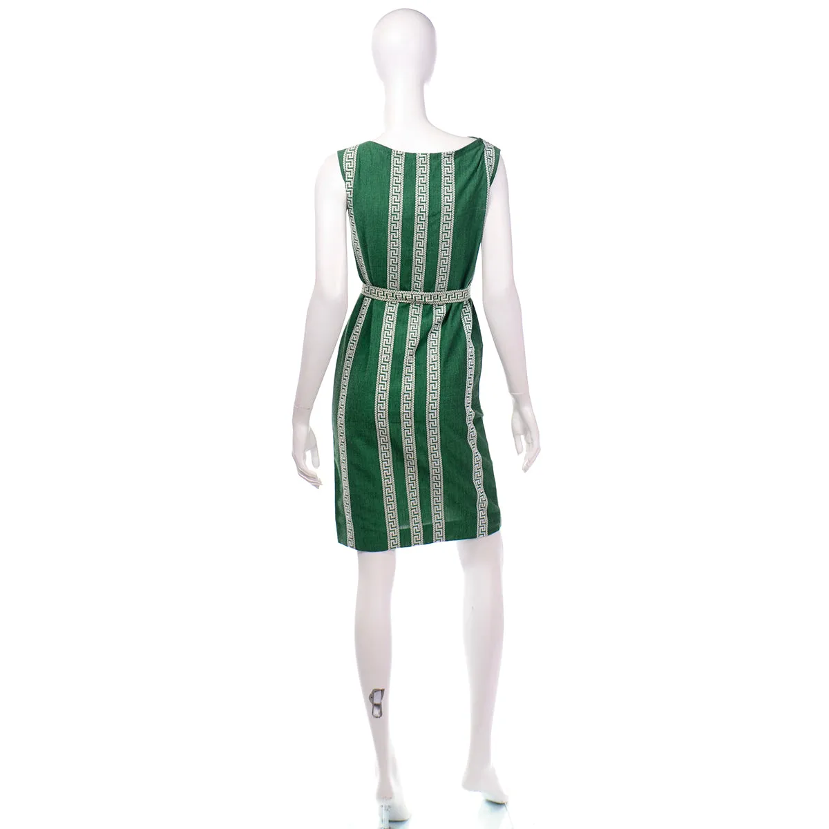 1960s Green Bambaki Cotton Greek Key Design Sleeveless Dress