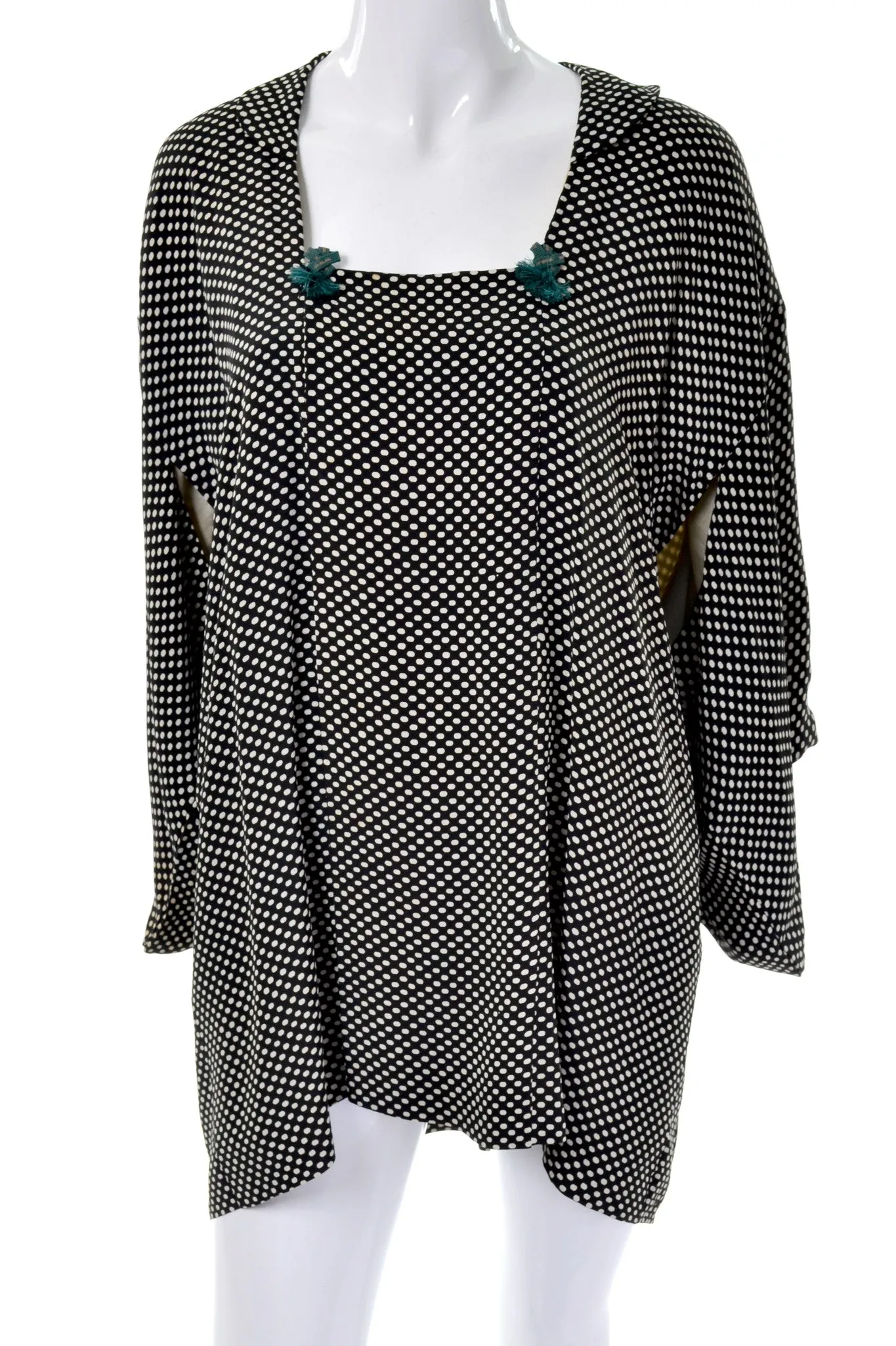 1960's Japanese Black & White Polka Dot Vintage Kimono Top w Teal Tassels