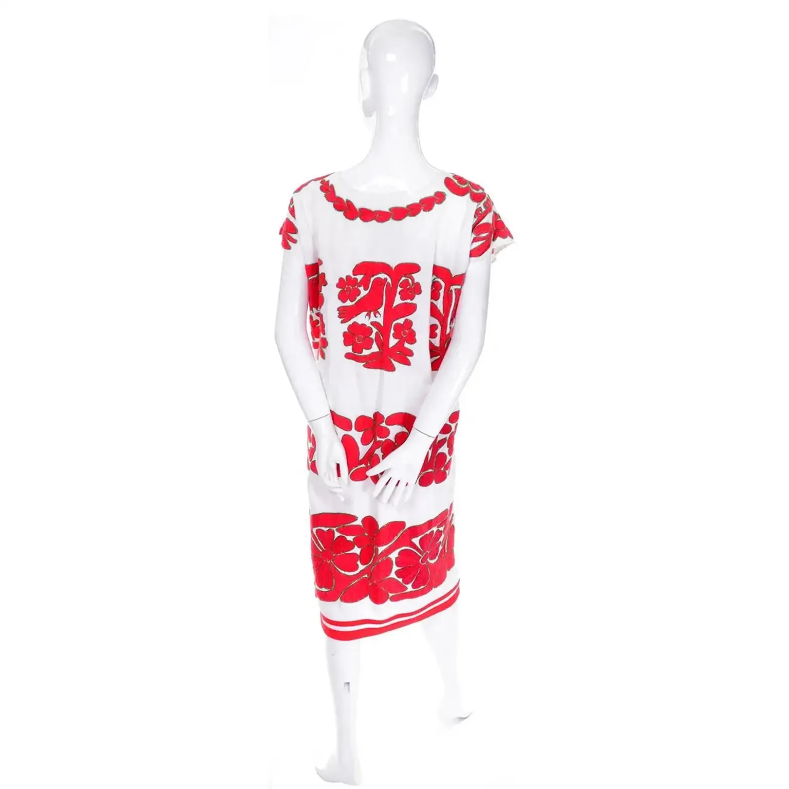 1960s Vintage White Cotton Dress w Hand Embroidered Red Birds & Flowers