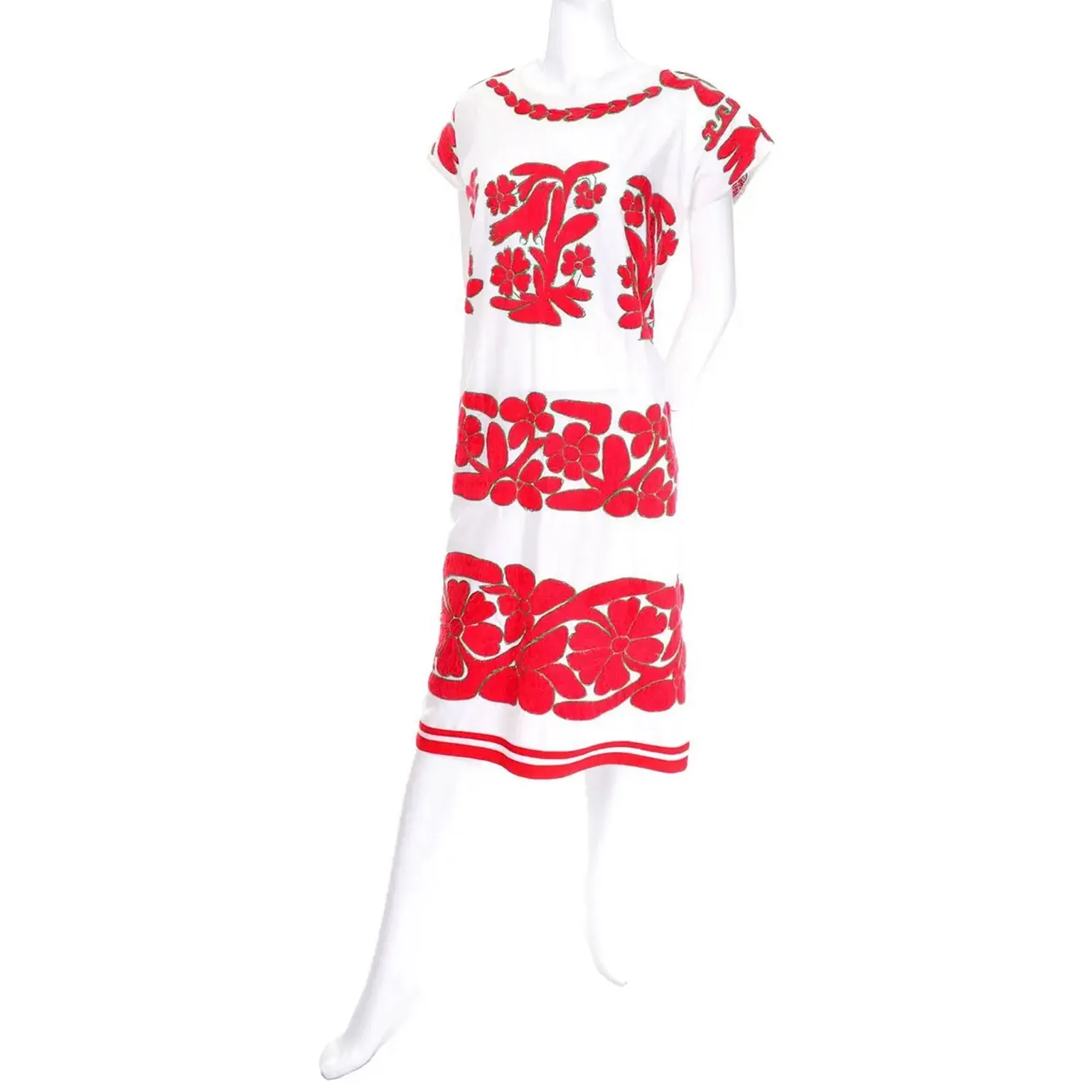 1960s Vintage White Cotton Dress w Hand Embroidered Red Birds & Flowers