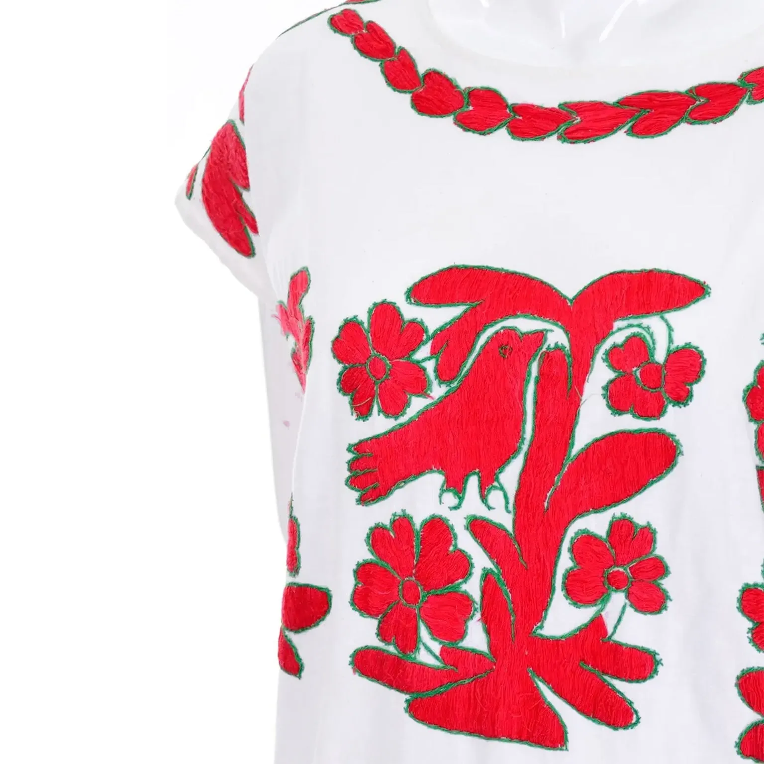 1960s Vintage White Cotton Dress w Hand Embroidered Red Birds & Flowers
