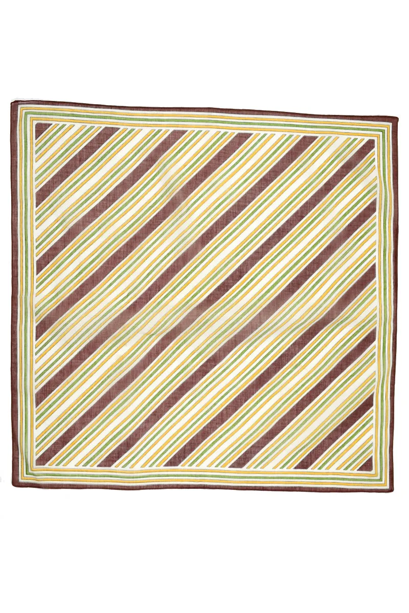 1970s Brown, Green & Yellow Striped Square Cotton Scarf