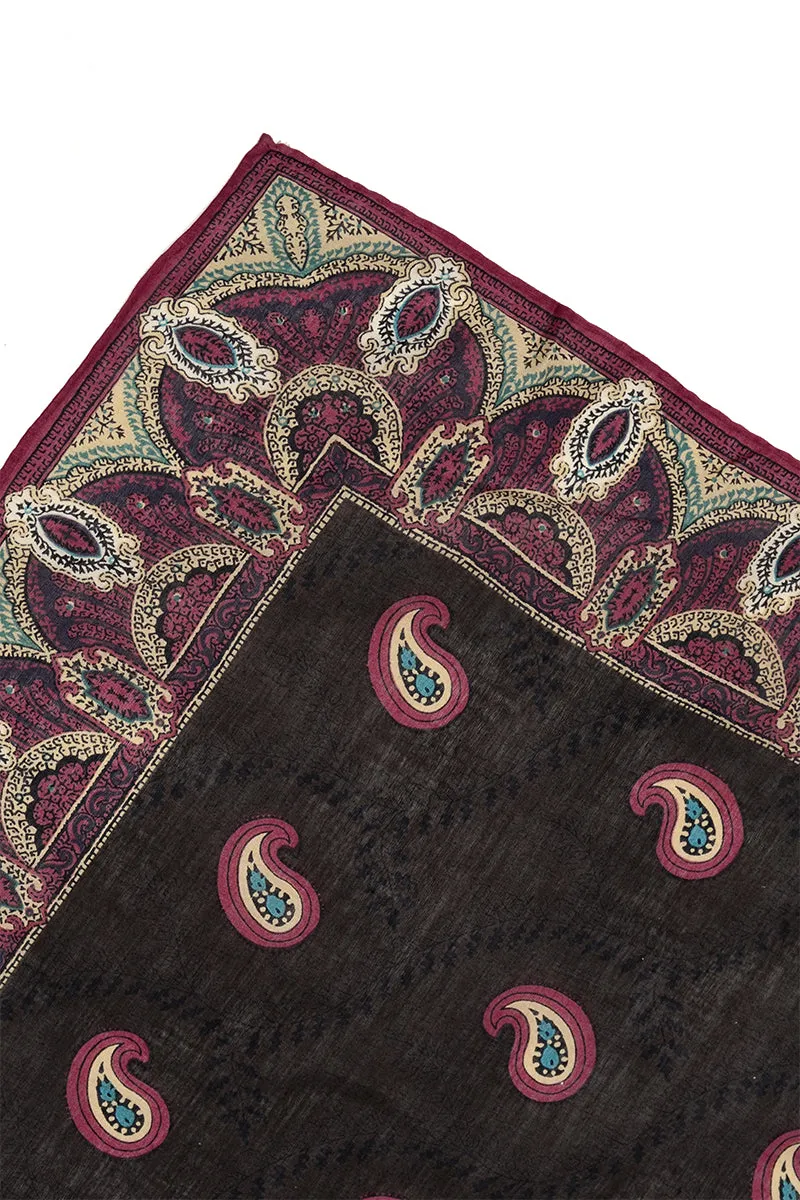 1970s Dark Brown & Maroon Cotton Scarf w/ Teal & Blue Accents