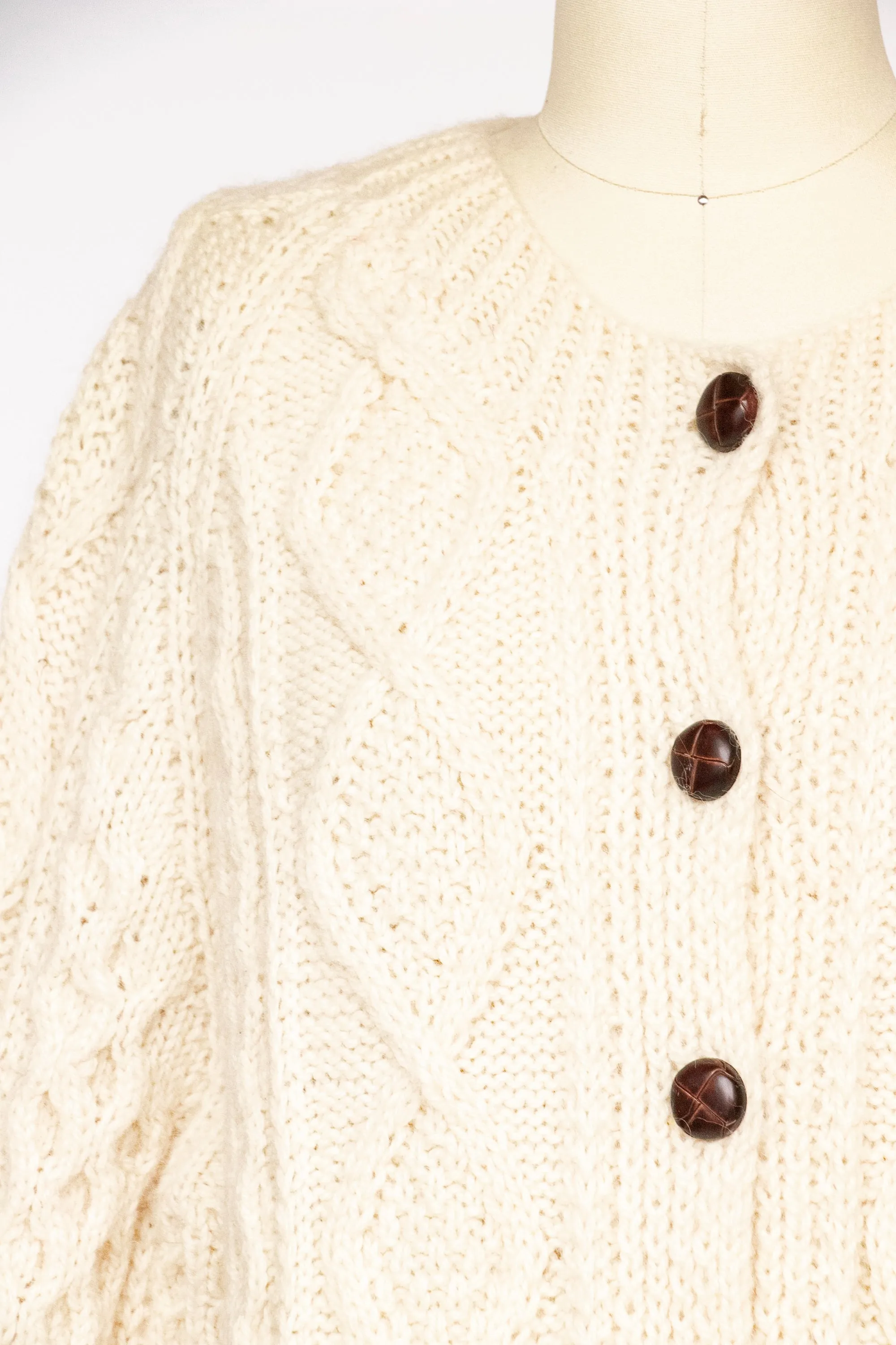 1970s Irish Wool Cardigan Fisherman Sweater Knit L