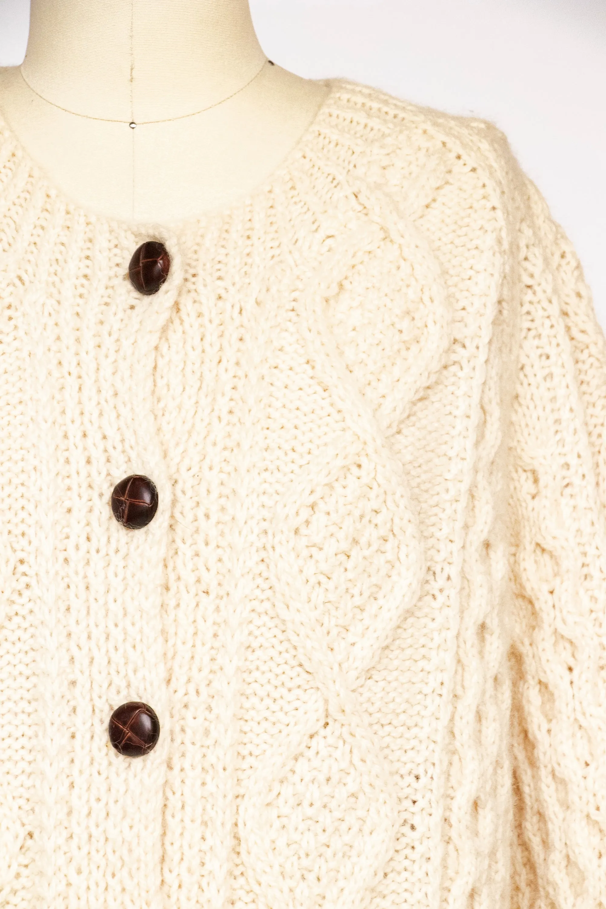 1970s Irish Wool Cardigan Fisherman Sweater Knit L