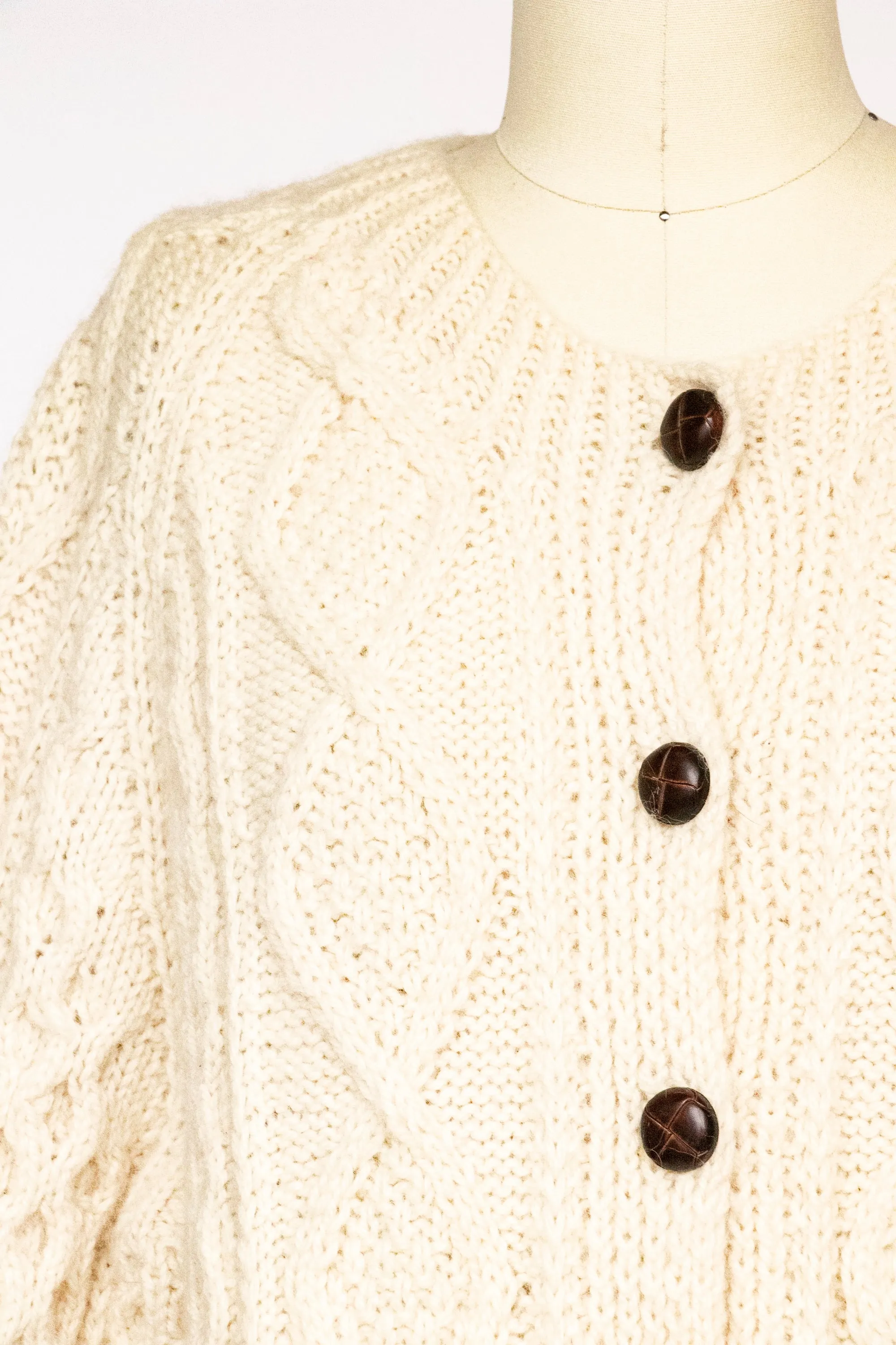 1970s Irish Wool Cardigan Fisherman Sweater Knit L