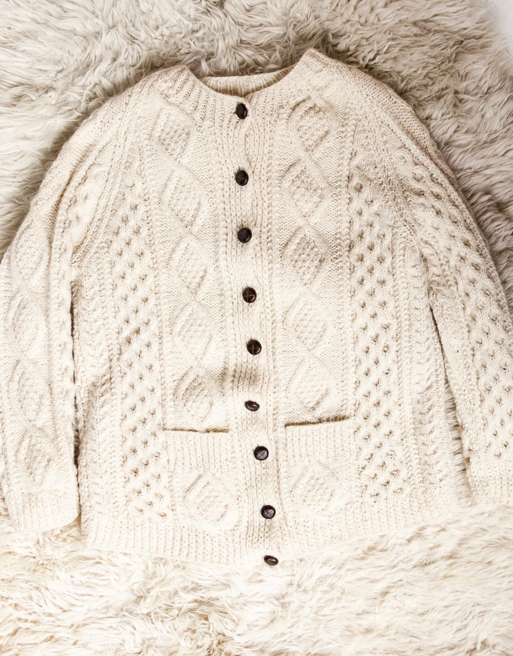 1970s Irish Wool Cardigan Fisherman Sweater Knit L